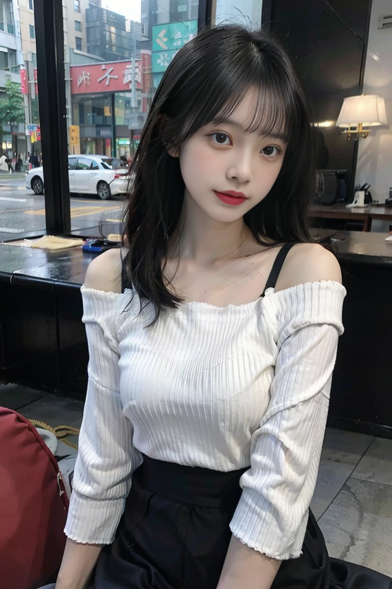 yuyao，suyu,Best quality at best，超高分辨率，（actual：1.4），1 girl，Off-shoulder white shirt，Black tight skirt，black hair gray：1），sexy for,（Bigchest：1.2），looking at viewert，close up，