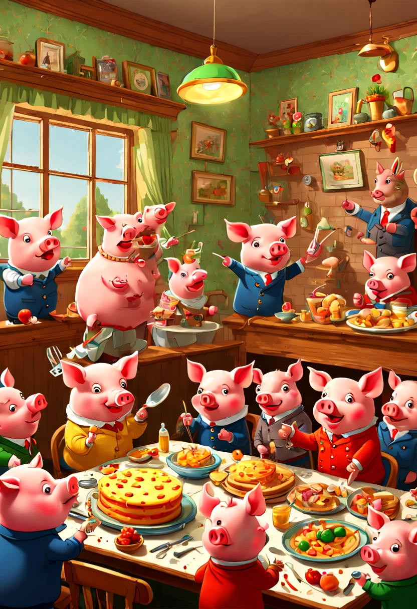 by Richard Scarry, pig family party, enhance, intricate, (best quality, masterpiece, Representative work, official art, Professional, unity 8k wallpaper:1.3)