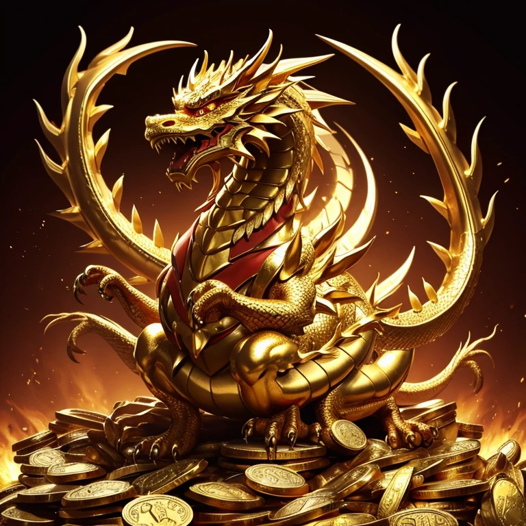 Chinese dragon, five claws,on the treasure pile,gold bars,Gold Coins, full entire body
