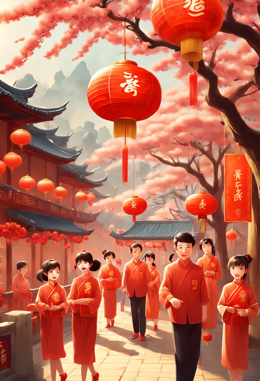 New Year's Day, chinese new year party, outdoors, joyful and playful atmosphere, enhance, intricate, (best quality, masterpiece, Representative work, official art, Professional, unity 8k wallpaper:1.3)