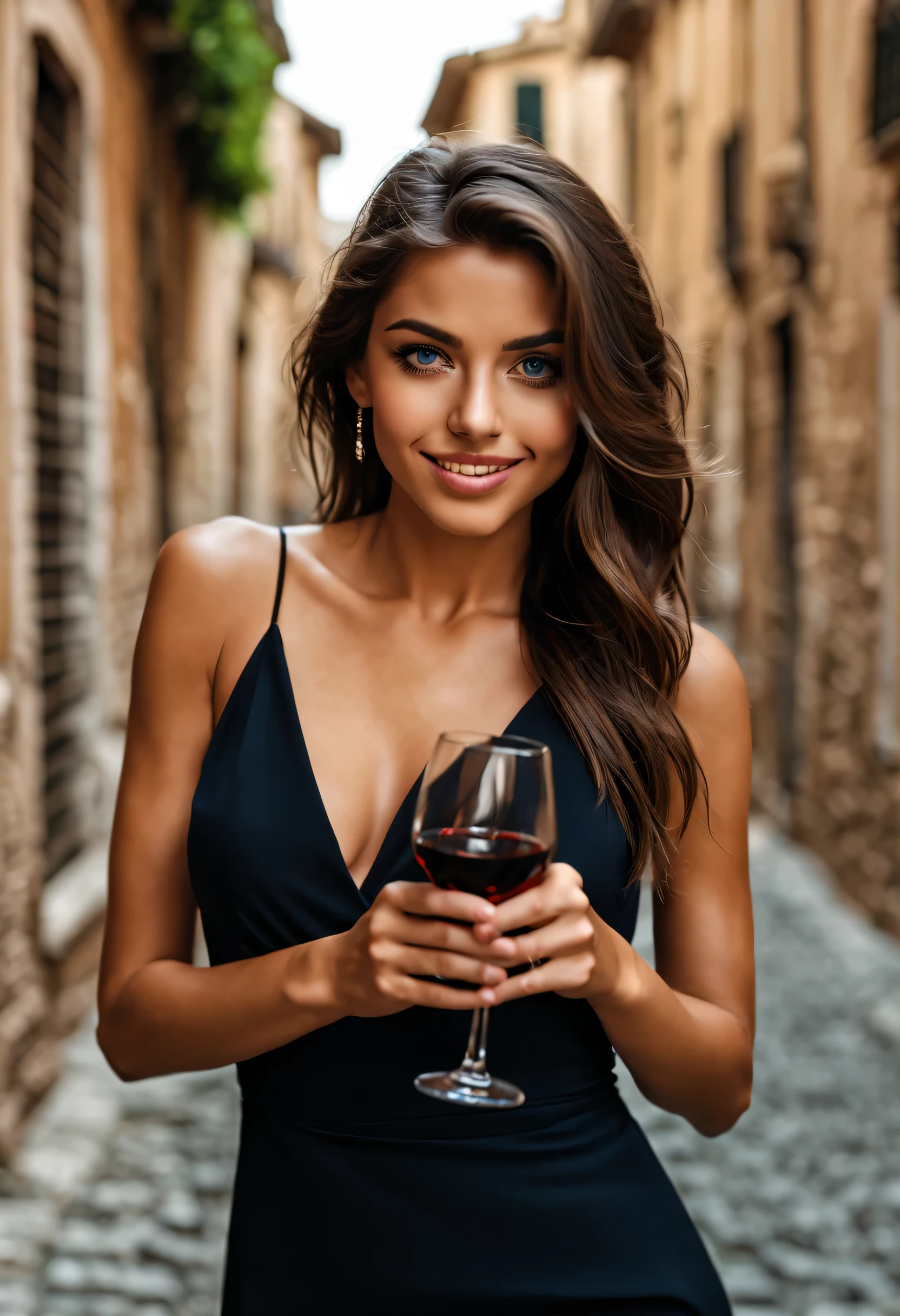 masterpiece, 1 extremely beautiful girl outside in Italy, holding a glass of wine in her right hand, dressed in a short black dress,  20 years old, detailed eye, brunette with blue undertones, curve cut hairstyle, top-quality, high resolution (Realisticity: 1.4) tall ( 5 ft 9), skinny, fit, tanned, beautiful hands, long legs, tanned, in a car, detailed blue eyes, cinematic lighting, european beauty, italian, super beauty, beautiful skin, body facing forward (A hyper-realistic). (8K). (detailed). (beautifully detailed eyes), (ultra-detailliert), (wall-) (Natural smile), beautiful white teeth, very beautiful hair. A detailed face, bright lighting, professional lighting, facing straight ahead. (The costume is a short black dress)