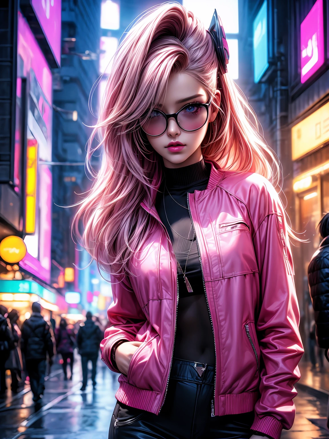 (best quality,4k,8k,highres,masterpiece:1.2),ultra-detailed,(realistic,photorealistic,photo-realistic:1.37),pink-haired woman,pink jacket,anime 3D style,anime barbie doll,realistic anime girl render,cyberpunk-imvu,CGSociety 9,artdoll,Harajuku fashion,Harajuku hair,cyberpunk,neon lights,cityscape,vibrant colors,stylish poses,high-fashion makeup,collage background