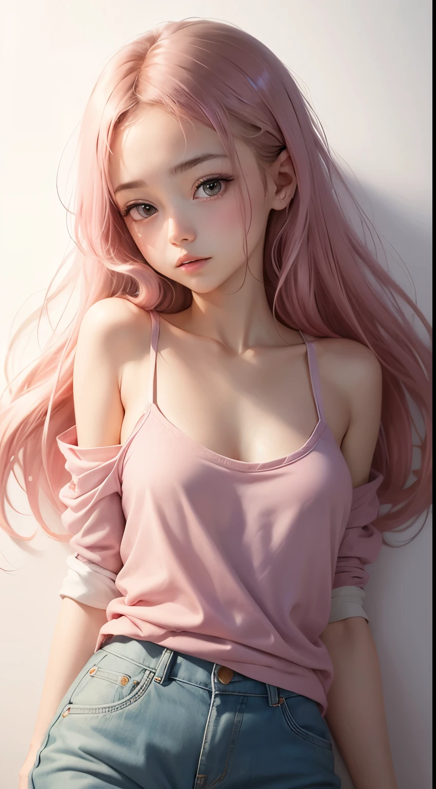 (masutepiece),(Best Quality:1.1),(Ultra-detailed),Best Illustration,finely detail,(Portrait:1.1),(watercolor paiting)floating,1girl in,Solo,13 years old,slim,(extremely delicate and beautiful face),(Detailed beautiful eyes),pink thick lips,(disheveled hair),(Wearing a pink baggy T-shirt),Soft and lazy,(Simple background:1.2)Whole color background,Clear,4K,barechested,full-shot,全barechestedやん,