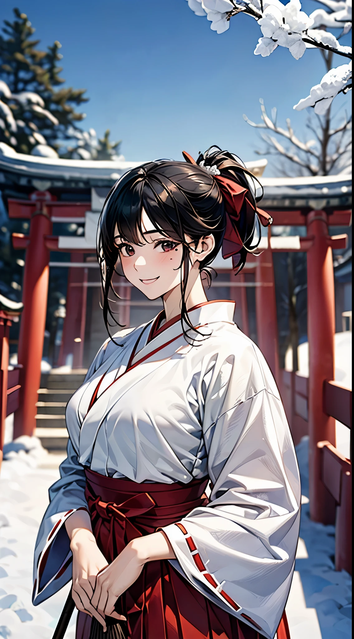 ((perfect anatomy, anatomically correct, super detailed skin)),
1 girl, japanese, , shiny skin, large breasts:0.5, watching the view,
((miko clothes, long sleeve, red hakama, hair ribbon)), break,
beautiful hair, beautiful face, beautiful detailed eyes, (middle hair:1.2, ponytail:1.2), ((black hair)), brown eyes, babyface, monder eye, break,
((lovely smile, happy)), standing, walking, holding broom,
(beautiful scenery), winter, dawn, (new year's day, first visit), (shinto shrine), crowd, snow, snowfall:1.5, freezing weather, frost,
(8k, top-quality, masterpiece:1.2, extremely detailed), (photorealistic:1.2), sunlight, beautiful art, visual art, depth of fields, natural lighting,
