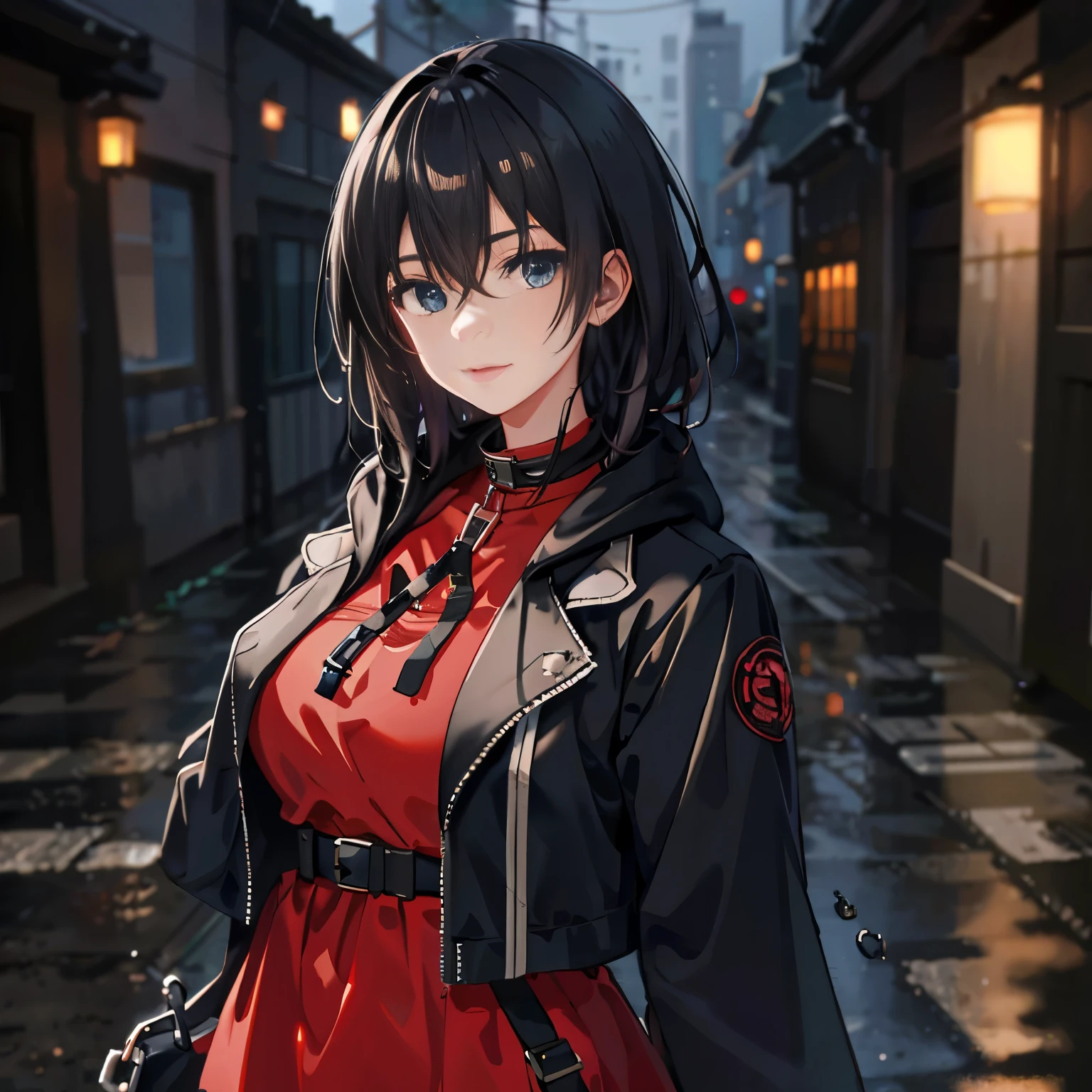 ((red_jacket)), 4 defined fingers, 1 defined thumb, looking at viewer, solo, 1 woman, 25 years old, AI generated, highest quality, masterpiece, perfect face, 8k , cowboy shot, short hair, (black hair1.5), bob cut, black eye, (smile), thin thighs, medium breasts, perfect limbs, sexy, (visible nipples:0.6), (camel toe:0.7), ((arms behind back)),