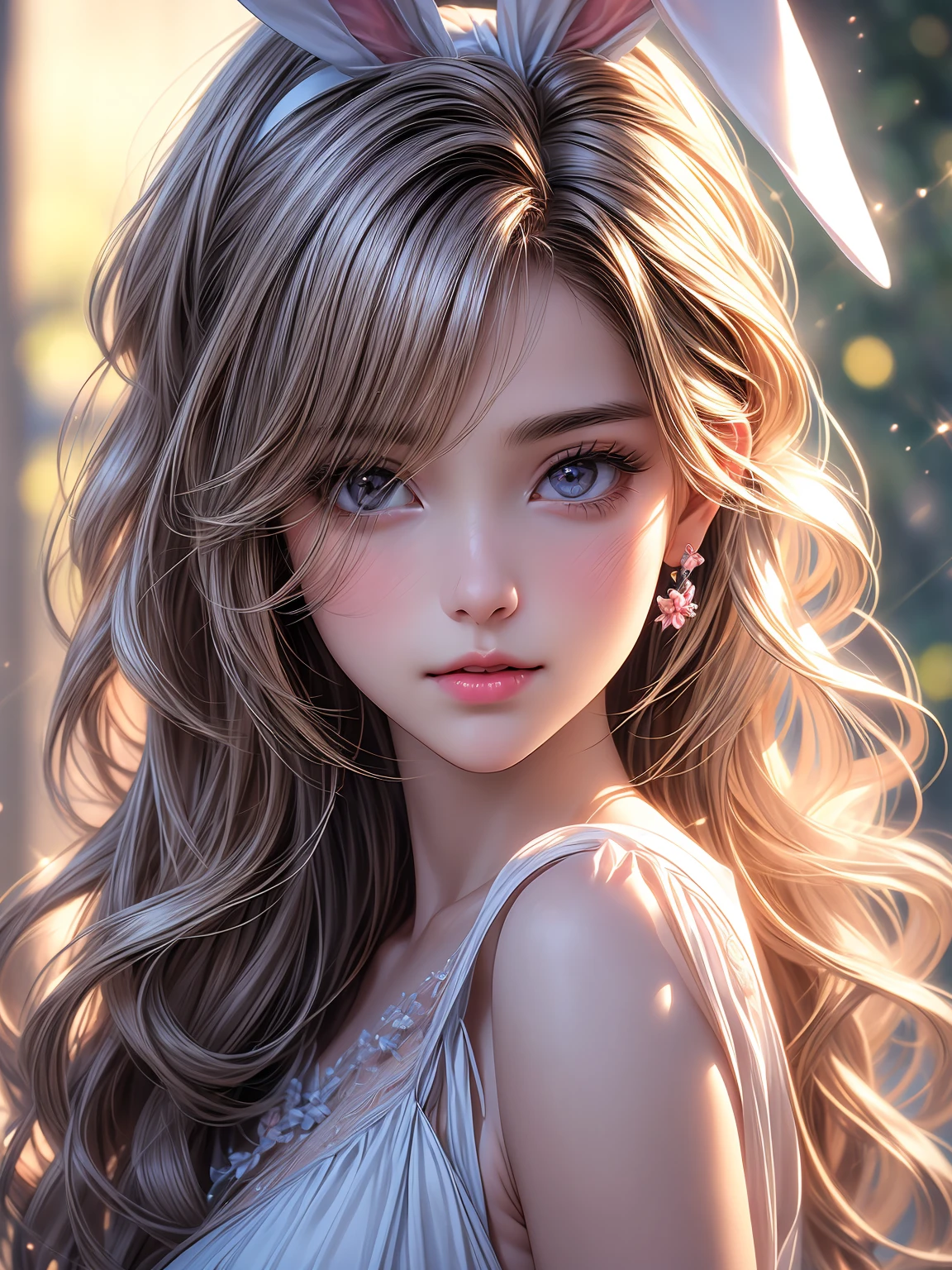 (best quality,4k,8k,highres,masterpiece:1.2),ultra-detailed,(realistic,photorealistic,photo-realistic:1.37),natural lighting,beautiful detailed eyes,beautiful detailed lips,long eyelashes,soft pink hair color,pink bunny ears,cute and innocent expression,vivid colors,smooth skin texture,light blush on the cheeks,sweet smile,fine details on the bunny ears,subtle highlights in the hair,creative composition,delicate brushwork,dreamy atmosphere,soft pastel tones,hairstyle with loose wavy curls,artistic background with flowers and butterflies,dainty accessories like ribbons and bows,playful and lively pose,sparkling eyes,focus on capturing emotional depth and connection,bright and cheerful mood,quality of famous digital art community,+community, end-to-end knowledge transfer