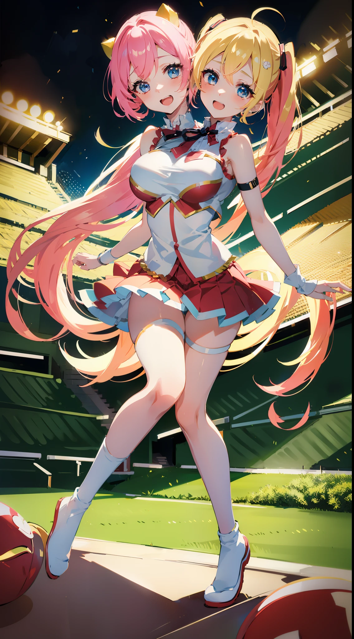 (masutepiece, Best Quality), The highest resolution, (2 heads:1.5), 1girl in, Sakura Miku character, cheer girl, Pink hair, Blue eyes, Open mouth, Energetic, jolly, black and gold cheer girl outfit, Cheering Pose, Football Stadium, Night