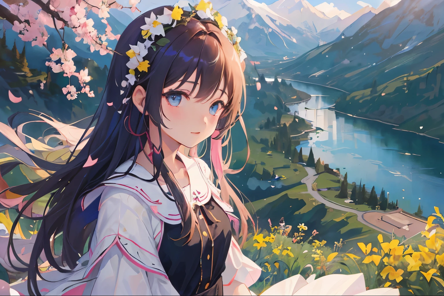 (1girl:1.2), Ligero rubor, Sin duda alguna, cabello ondulado, Cabello largo, cabello esponjoso, cabello negro, ojos azules, Sakura Tree, flor del cabello, Capelet, Adornos de encaje, Bodice, viento, invierno, Cordillera, Mountain sitting near the mountain, Agua detallada, ojos brillantes, sonrisa ligera, peaceful, extremadamente detallado, Profundidad de campo, cinematic lighting, Colores similares a Ghibli, High detail, paisaje, Lugar alto, horizonte, viento, viento blow, Mirando al espectador, Ropa ta, 8k, De pie sobre un puente de madera, Bokeh, desde un lado, Obra maestra premiada:1.2), La mejor calidad, Anatomically correct, Manos perfectas