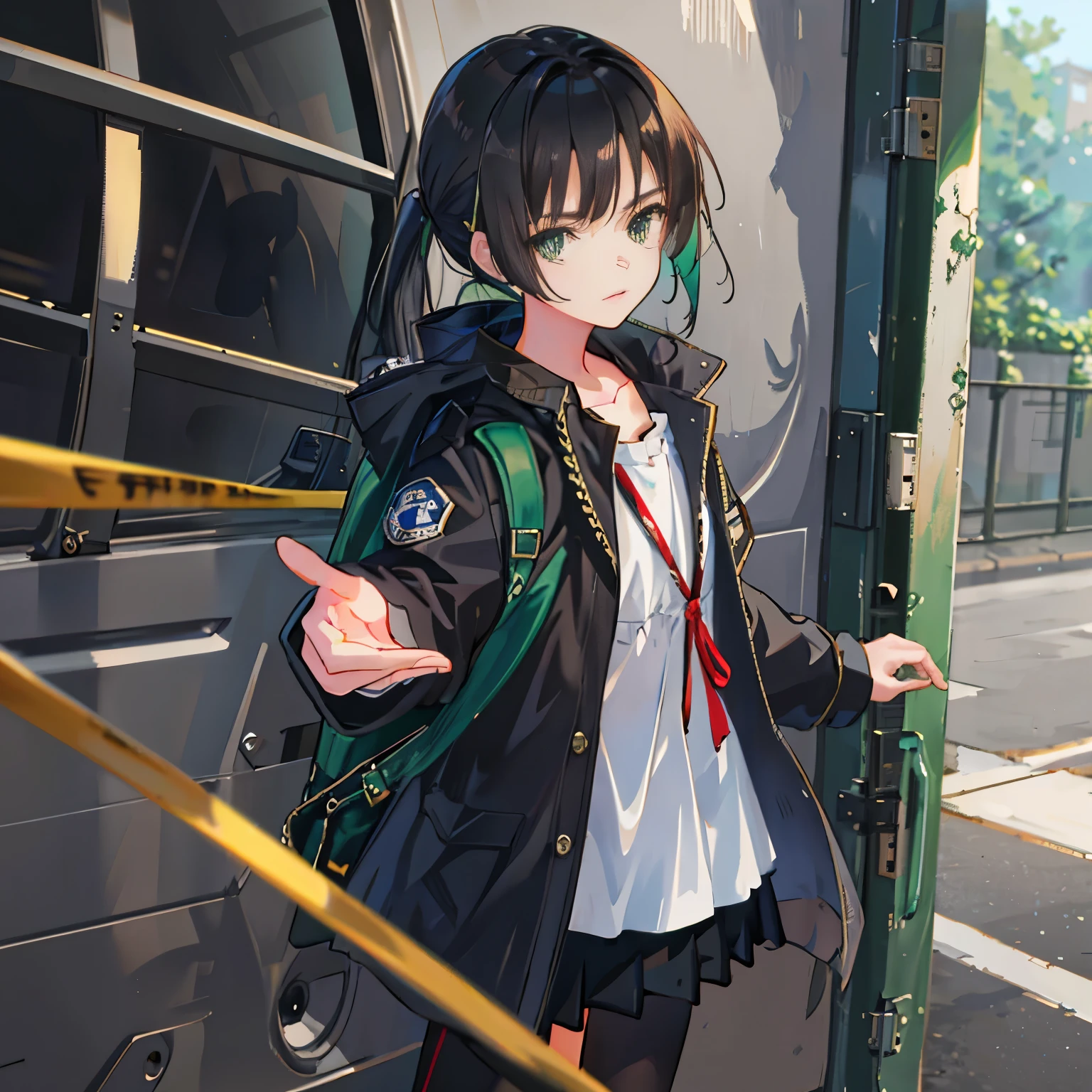 1girl in, jaket, Sateen, plein air, parka, オープンjaket, chain, rucksack, Look at another one, hair messy, Trending on ArtStation, 8K分辨率, Highly detailed and anatomically correct, Sharp Images, digitial painting, concept-art, trending on pixiv, style of makoto shinkai,green colored eyes