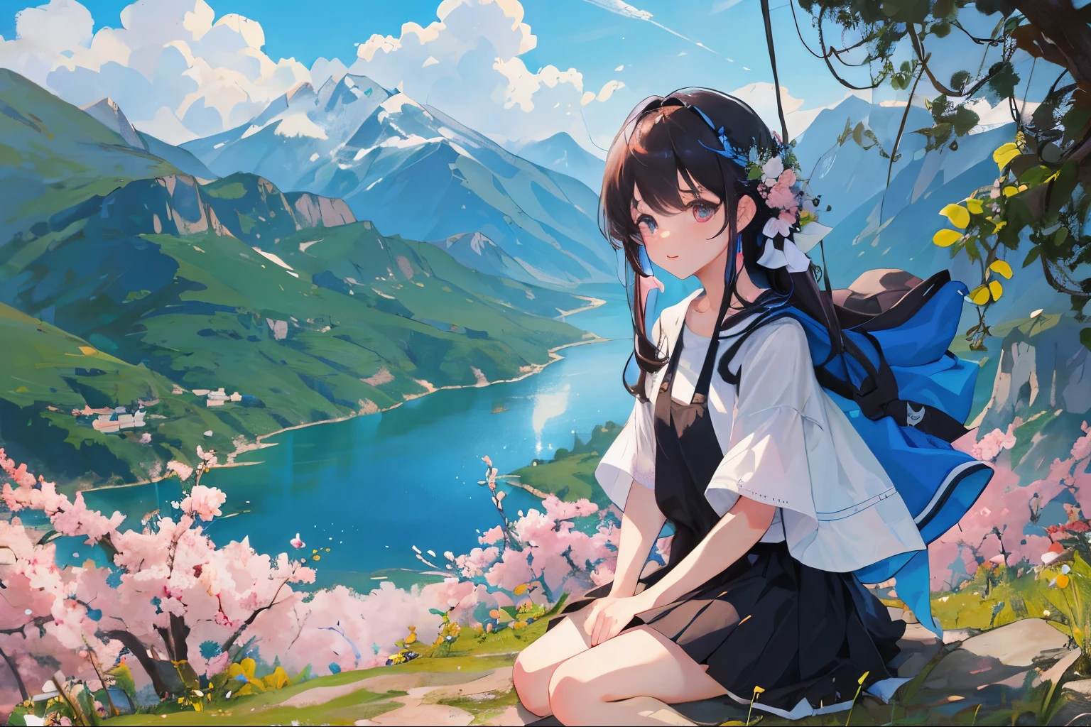 (1girl:1.2), Ligero rubor, Sin duda alguna, cabello ondulado, Cabello largo, cabello esponjoso, cabello negro, ojos azules, Sakura Tree, flor del cabello, Capelet, Adornos de encaje, Bodice, viento, invierno, Cordillera, Mountain sitting near the mountain, Agua detallada, ojos brillantes, sonrisa ligera, peaceful, extremadamente detallado, Profundidad de campo, cinematic lighting, Colores similares a Ghibli, High detail, paisaje, Lugar alto, horizonte, viento, viento blow, Mirando al espectador, Ropa ta, 8k, De pie sobre un puente de madera, Bokeh, desde un lado, Obra maestra premiada:1.2), La mejor calidad, Anatomically correct, Manos perfectas