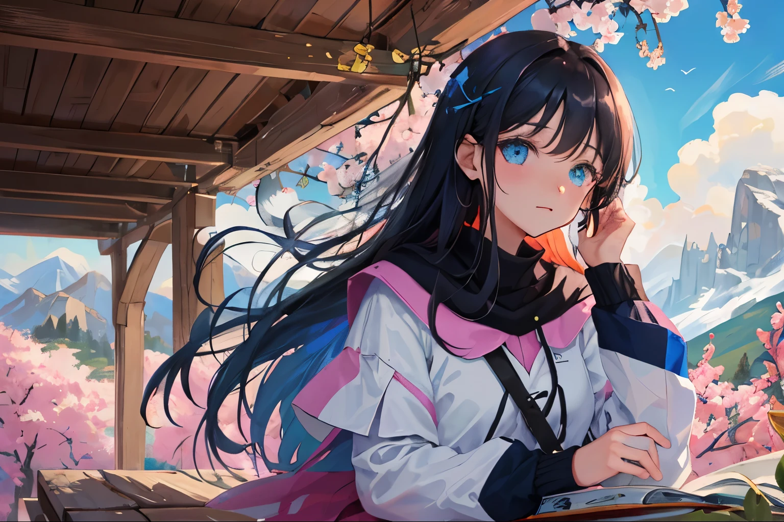 (1girl:1.2), Ligero rubor, Sin duda alguna, cabello ondulado, Cabello largo, cabello esponjoso, cabello negro, ojos azules, Sakura Tree, flor del cabello, Capelet, Adornos de encaje, Bodice, viento, invierno, Cordillera, Mountain sitting near the mountain, Agua detallada, ojos brillantes, sonrisa ligera, peaceful, extremadamente detallado, Profundidad de campo, cinematic lighting, Colores similares a Ghibli, High detail, paisaje, Lugar alto, horizonte, viento, viento blow, Mirando al espectador, Ropa ta, 8k, De pie sobre un puente de madera, Bokeh, desde un lado, Obra maestra premiada:1.2), La mejor calidad, Anatomically correct, Manos perfectas