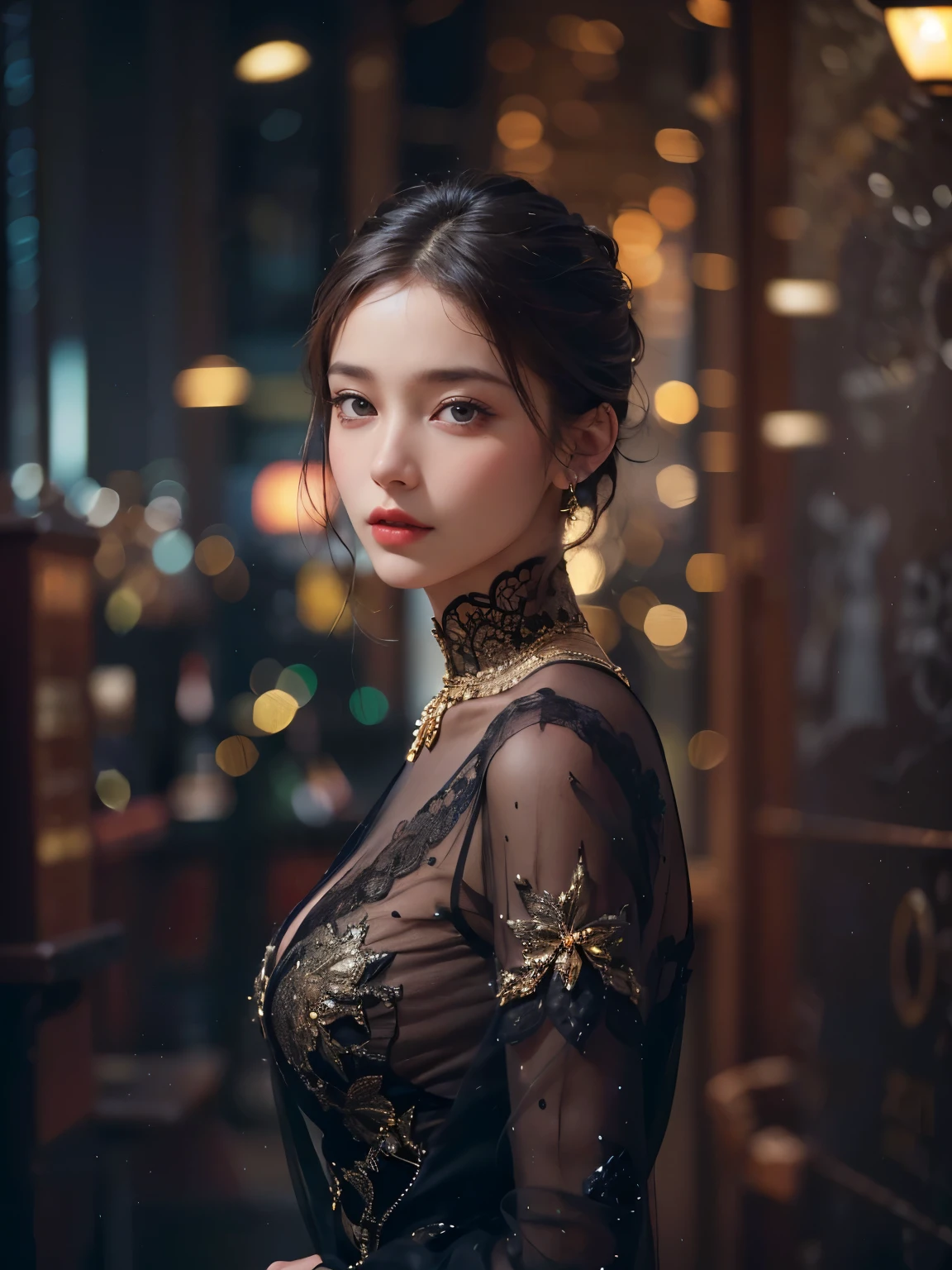 A woman in a black dress standing in front of a window - SeaArt AI