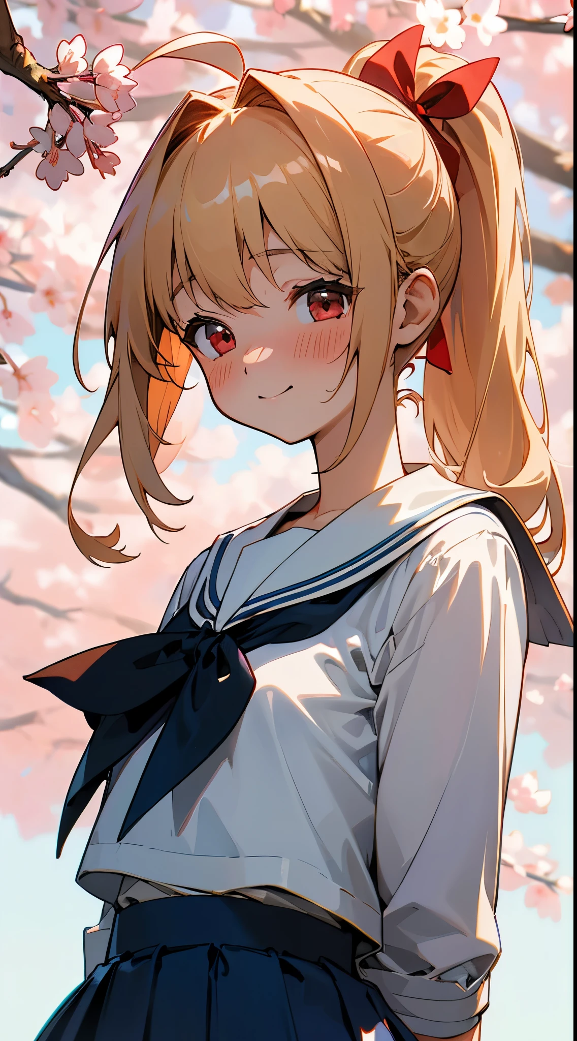 (masterpiece、realisitic、超A high resolution、hightquality:1.2)、
1girl in、(年轻)、 Blonde ponytail、Red ribbons、Ahoge、big round red eyes、small tits、red blush、Red cheeks、
portlate、old photo、80s style、dynamicposes、arms behind back:1.2、upper body close - up、A smile、Laugh、Sailor School Uniform、cherry blossoms falling、a park、blue-sky