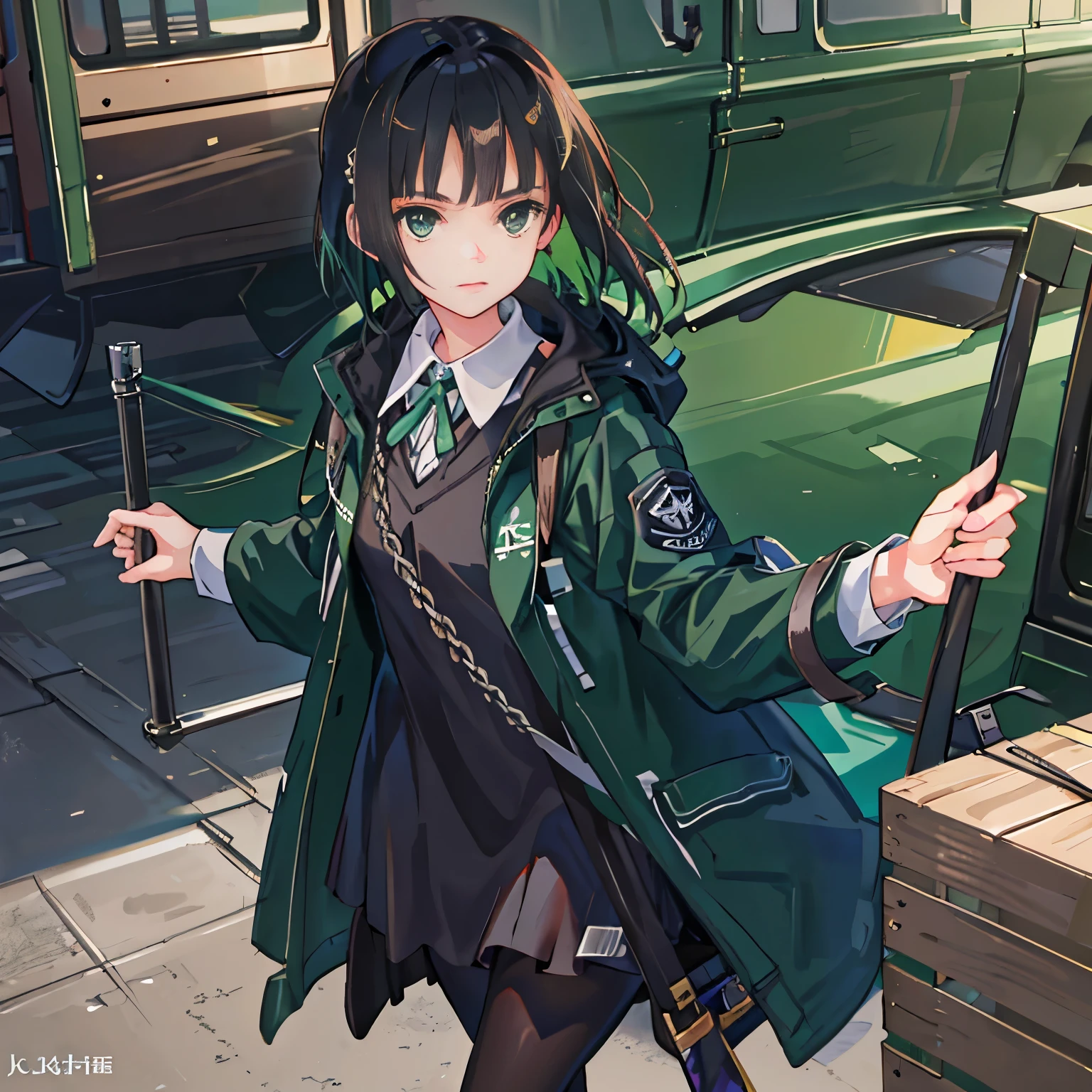 1girl in, jaket, Sateen, plein air, parka, オープンjaket, chain, rucksack, Look at another one, hair messy, Trending on ArtStation, 8K分辨率, Highly detailed and anatomically correct, Sharp Images, digitial painting, concept-art, trending on pixiv, style of makoto shinkai,green colored eyes