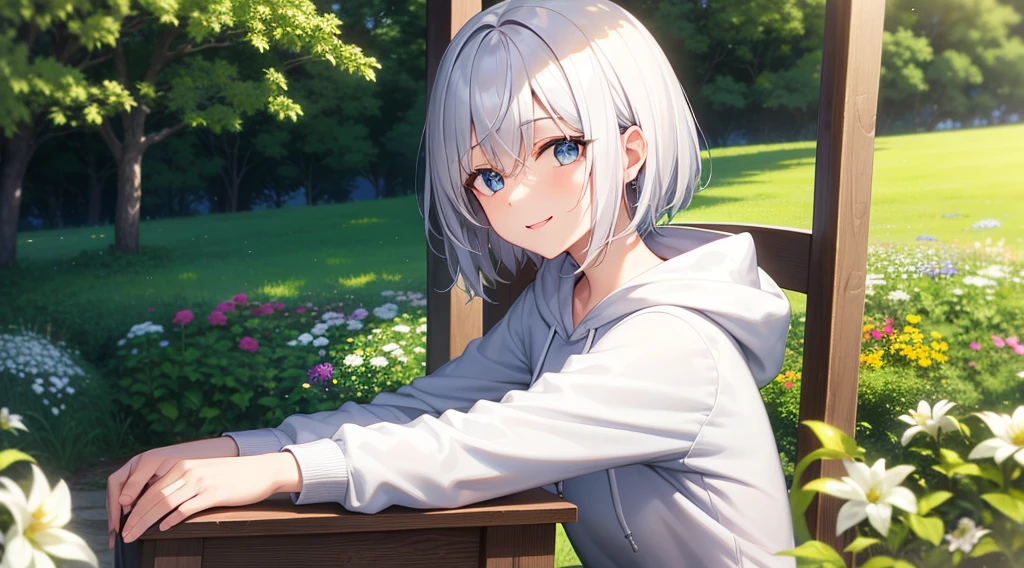 (masutepiece: 1.2, Best Quality), 1 Lady, Solo, silber hair,Shoulder out,Very short hair, long bangs between eyes, blue eyess,Black eyes, Hoodie,White hair, Silver hair, Hoodie, White hoodie、blue-sky、in woods、izumi、flower field、sit a chair、A smile、open open mouth、5 fingers