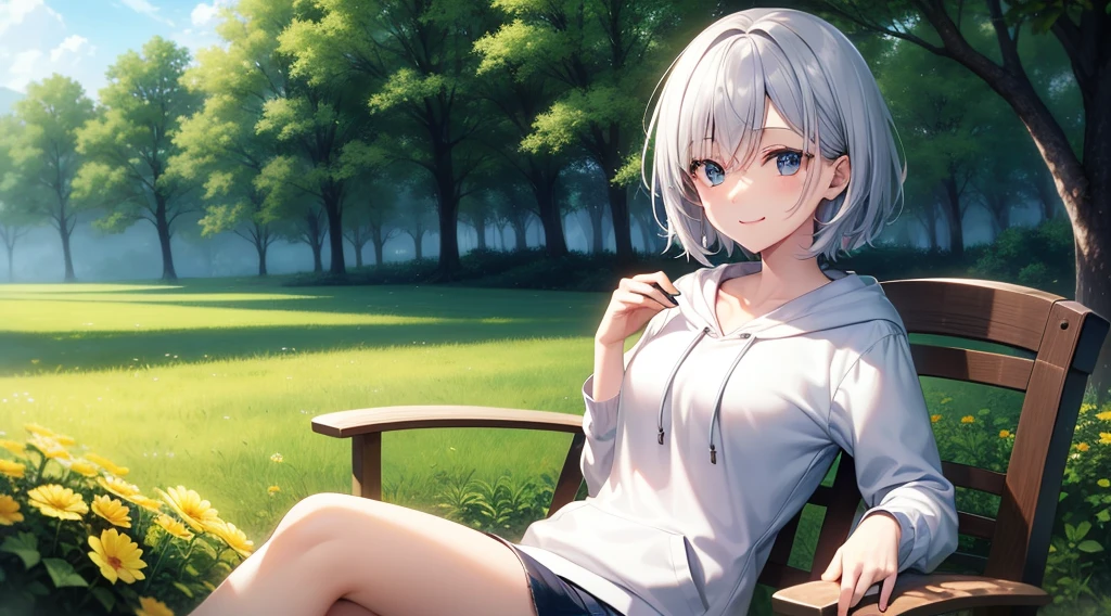 (masutepiece: 1.2, Best Quality), 1 Lady, Solo, silber hair,Shoulder out,Very short hair, long bangs between eyes, blue eyess,Black eyes, Hoodie,White hair, Silver hair, Hoodie, White hoodie、blue-sky、in woods、izumi、flower field、sit a chair、A smile、open open mouth、5 fingers