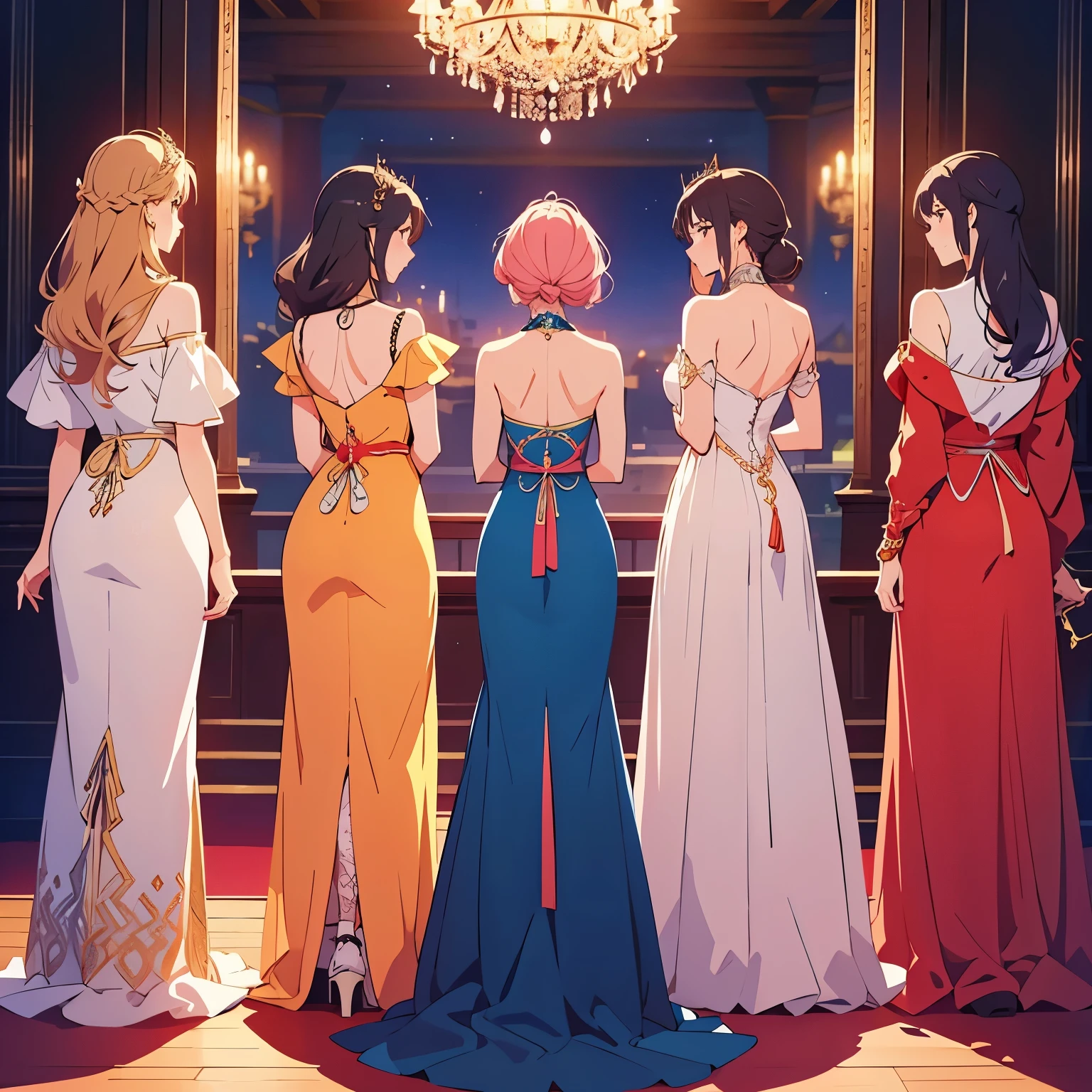 Six beautiful and graceful manhwa princesses wearing elegant dresses appear from behind and all six are seen standing