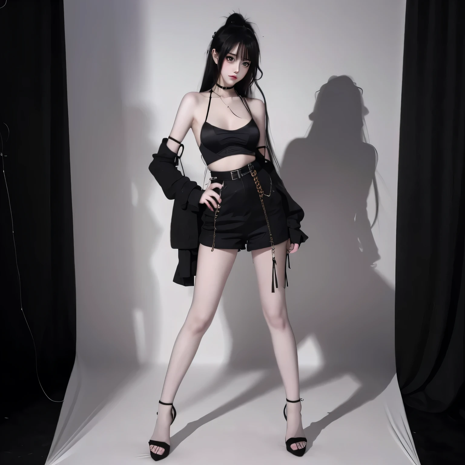 8K, hyper realisitc, tmasterpiece, Best quality at best, ultra - detailed, A high resolution, Random background, 1 Sister, (:1.9), Willow waist, Wide hips, knees, natta , Completely lean nude(1.9) , choker necklace, Closed heels,