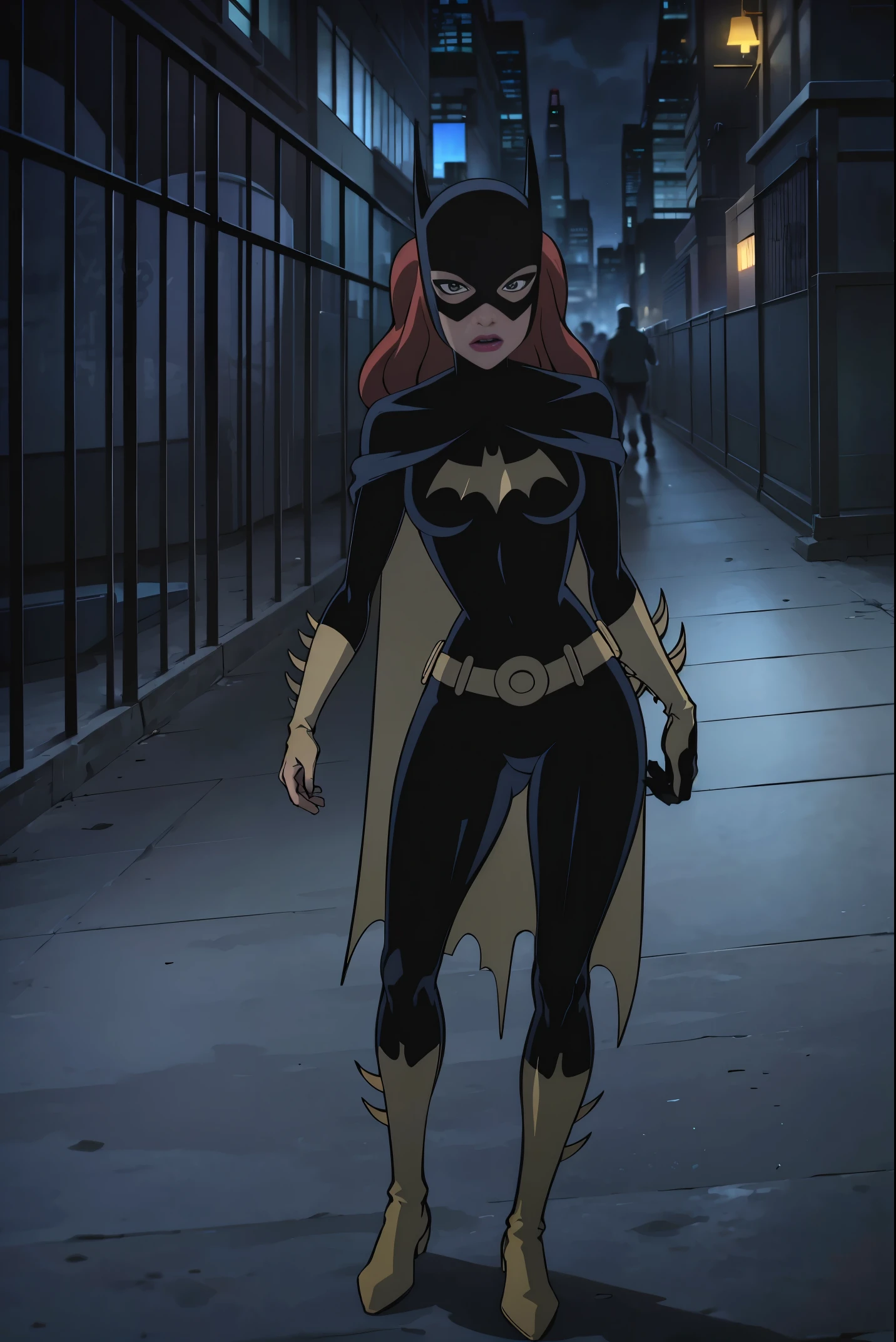 ((whole body view)), Batgitlfit, cabelos muito longos, cabelos ruivos, cabelo entre os olhos, rabo de cavalo alto, Fechaduras laterais, olhos azuis, Batgirl, roupas brilhantes, impossible bodysuit, pele apertada, saia, Olhando para o Viewer apavorada, (pernas musculosas:1.3), ((Acuada e capturada em um beco de Gotham City))