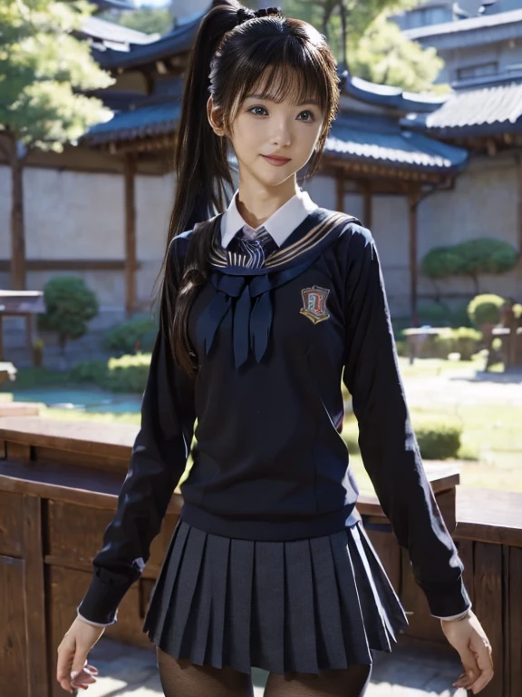 extremely detailed CG 32K Unity wallpaper, (raw photography, realistic:1.2), (professional photo, photorealistic:1.3), cinematic lighting, depth of filed, sharp focus, ultra high res, (perfect anatomy:1.5), realistic skin texture, intricately detailed face, ((from front view:1.4)), 1 girl, teen, 16 years old, solo, (cowboy shot:1.3), black hair, (ponytail:1.2), highly detailed skin, bright eyes, beautiful nose and lips, light smile, (perfect body, beautiful body:1.4), ((school uniform, long sleeves:1.4)), slender, beautiful breast, ((black tights:1.2)), walking, outdoor, winter, Japanese town