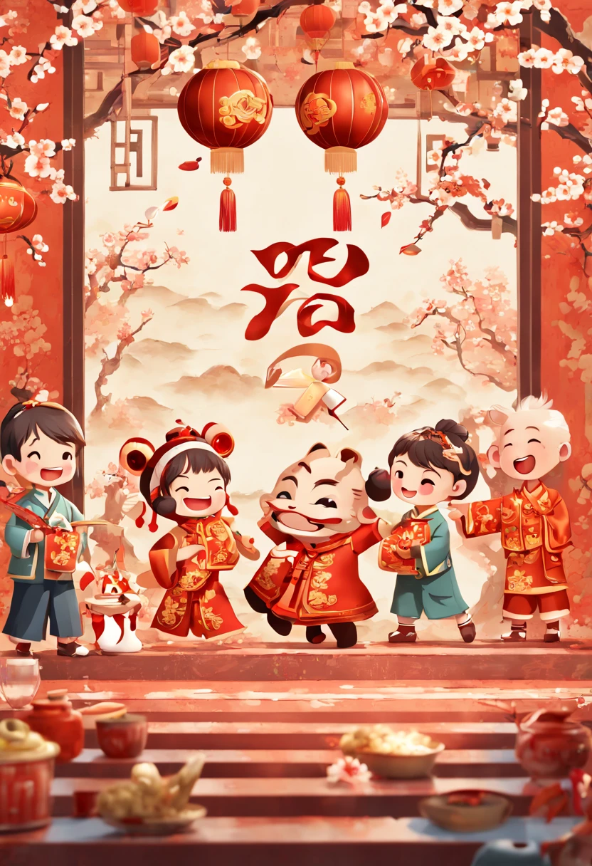 New Year's Day, chinese new year party, joyful and playful atmosphere, enhance, intricate, (best quality, masterpiece, Representative work, official art, Professional, unity 8k wallpaper:1.3)
