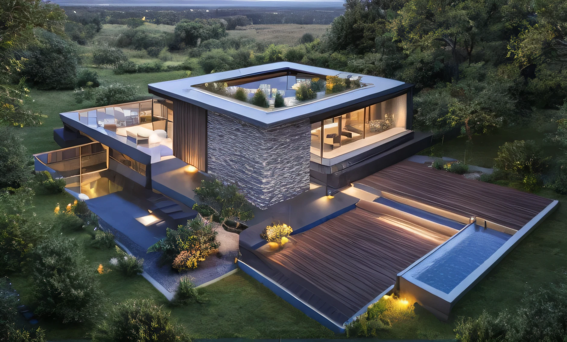 modern house, large yard, beautiful view, surrounding trees, one-story house, flat roof, large windows, wood materials, concrete and glass, glass railings, surrounded by trees, lawn , large sliding glass doors, large outdoor fireplace sunset light, neutral colored lights, beautiful, cloudy sky, swimming pool in front of the house, landscape,plain terrain, RAW photo, subject, 8k uhd, dslr, soft lighting, high quality, film grain, Fujifilm XT3