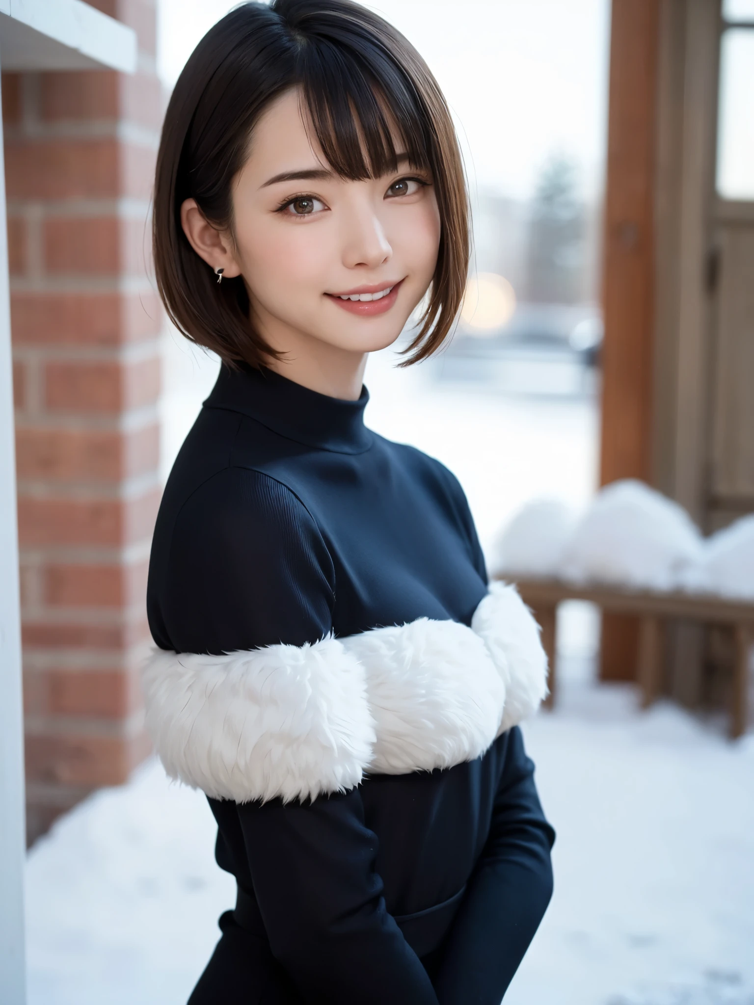 (masterpiece, top-quality),1girl in, 独奏, hyper realisitic, Photorealistic,realisitic, looking at the viewers, brown eyes of light color:1.4,Brunette short bob hair with highly detailed shiny hair, Winter clothes in bright colors, lepangas:1.4), plein air, a closed mouth, The upper part of the body、big eye、Lashes、{Gigantic|Big|Huge|Mega} breasts:1.4, cleavage:1.4、(((big eye、Short bob hair、Intense highlights of the pupils、gazing at viewer、She is a very beautiful and cute beauty、Put your ears out、long neck、smil、Close your mouth and smil、bangs beautiful teeth)))、Ideal ratio body proportions、(Snow-covered tree-lined streets in Norway in winter)、美しいlong neck:1.4%