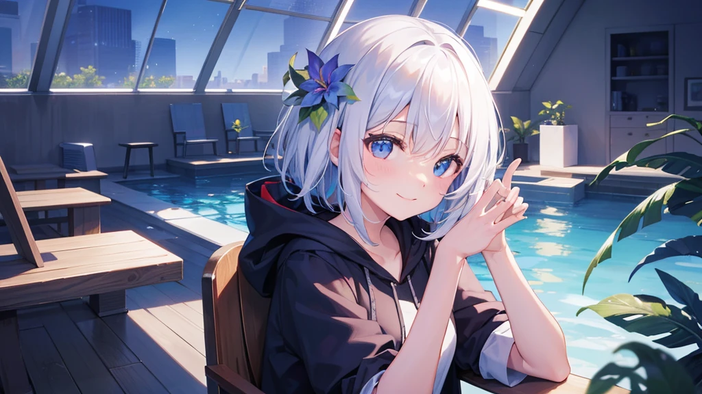 (masutepiece: 1.2, Best Quality), 1 Lady, Solo, silber hair,Shoulder out,Very short hair, long bangs between eyes, blue eyess,Black eyes, Hoodie,White hair, Silver hair, Hoodie, White hoodie、blue-sky、in woods、izumi、flower  field、sit a chair、A smile、open open mouth、5 fingers