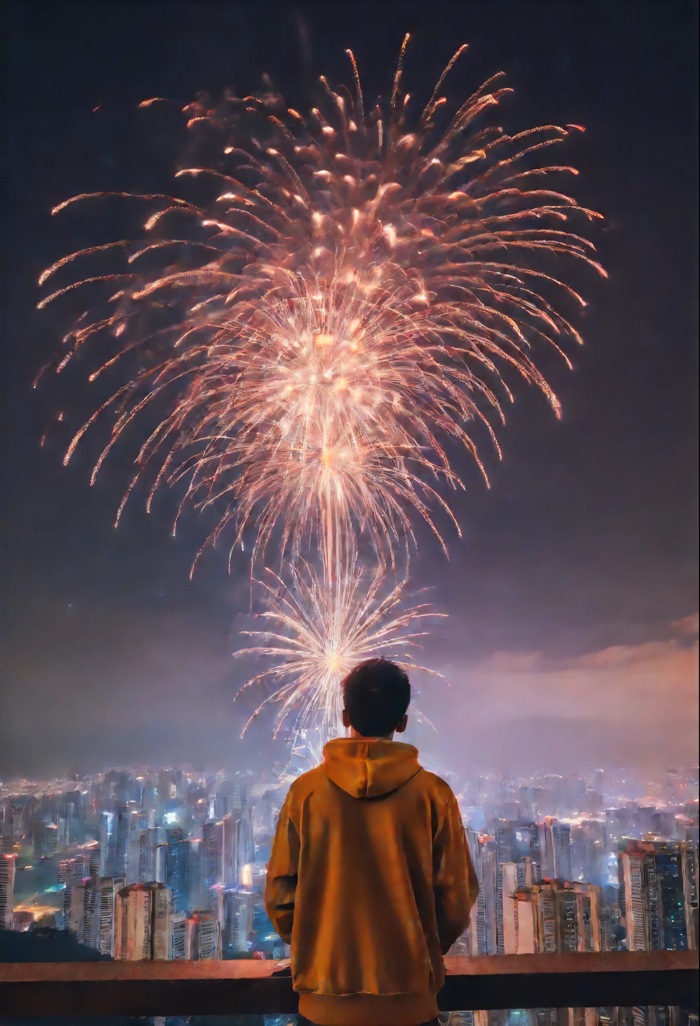 highres, ultra detailed,
indonesian man, 24 year old, brown skin, glasses, short hair, hoodie,
long exposure, motion blur, fluid movement, ethereal atmosphere, dream tracks, dynamic energy, time-lapse effect,
Skyscraper, fireworks over the sky:1.7, sky views, firecrackers, new year festival, breathtaking heights