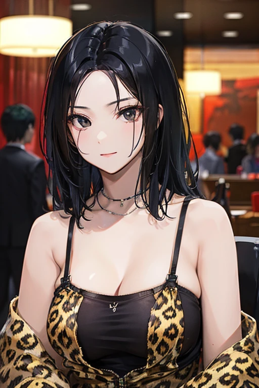 black hair, black eyes, Sexy, large breasts, a leopard print underwear, a leopard print lingerie, a hotel bedroom