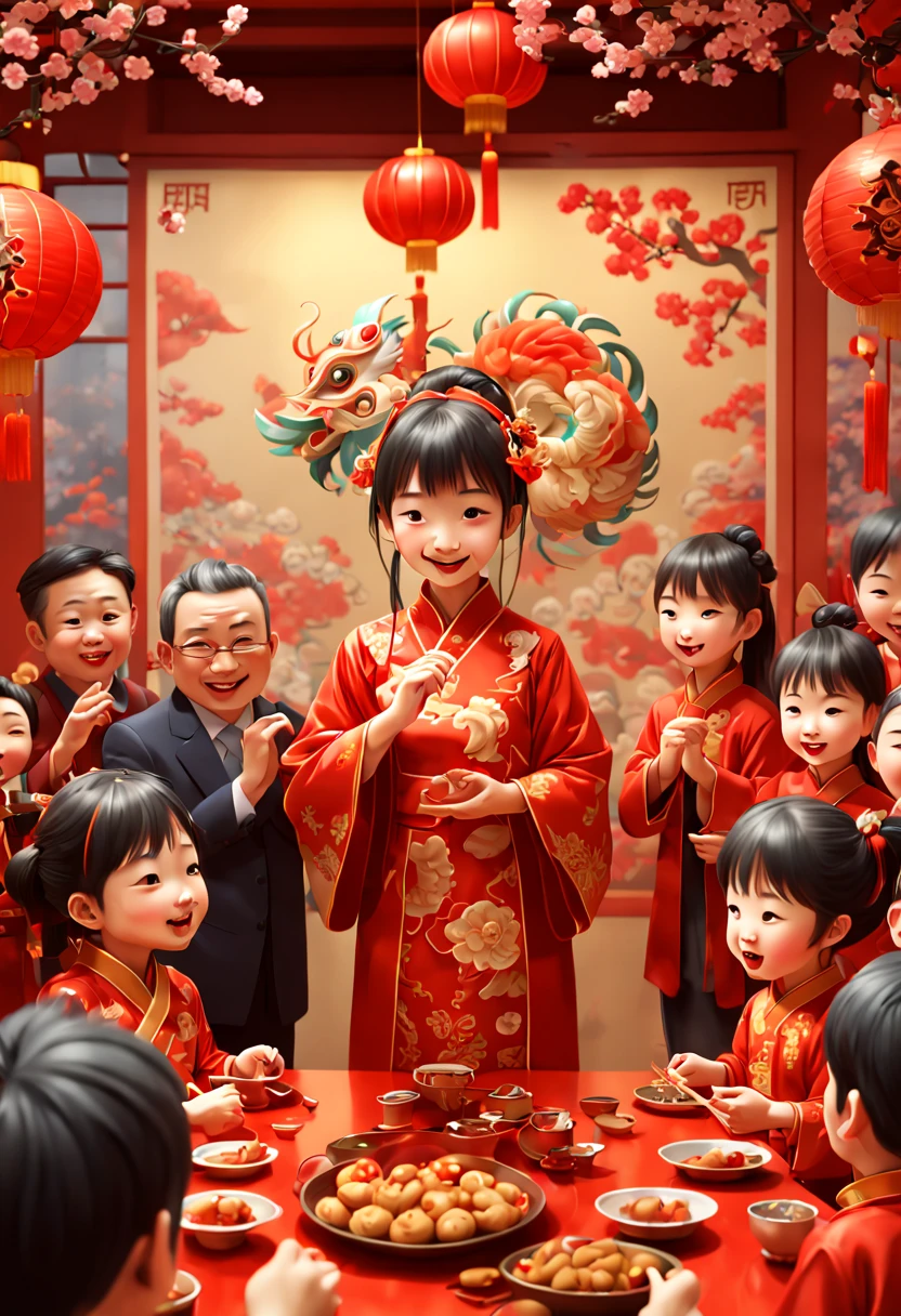 New Year's Day, chinese new year party, joyful and playful atmosphere, enhance, intricate, (best quality, masterpiece, Representative work, official art, Professional, unity 8k wallpaper:1.3)