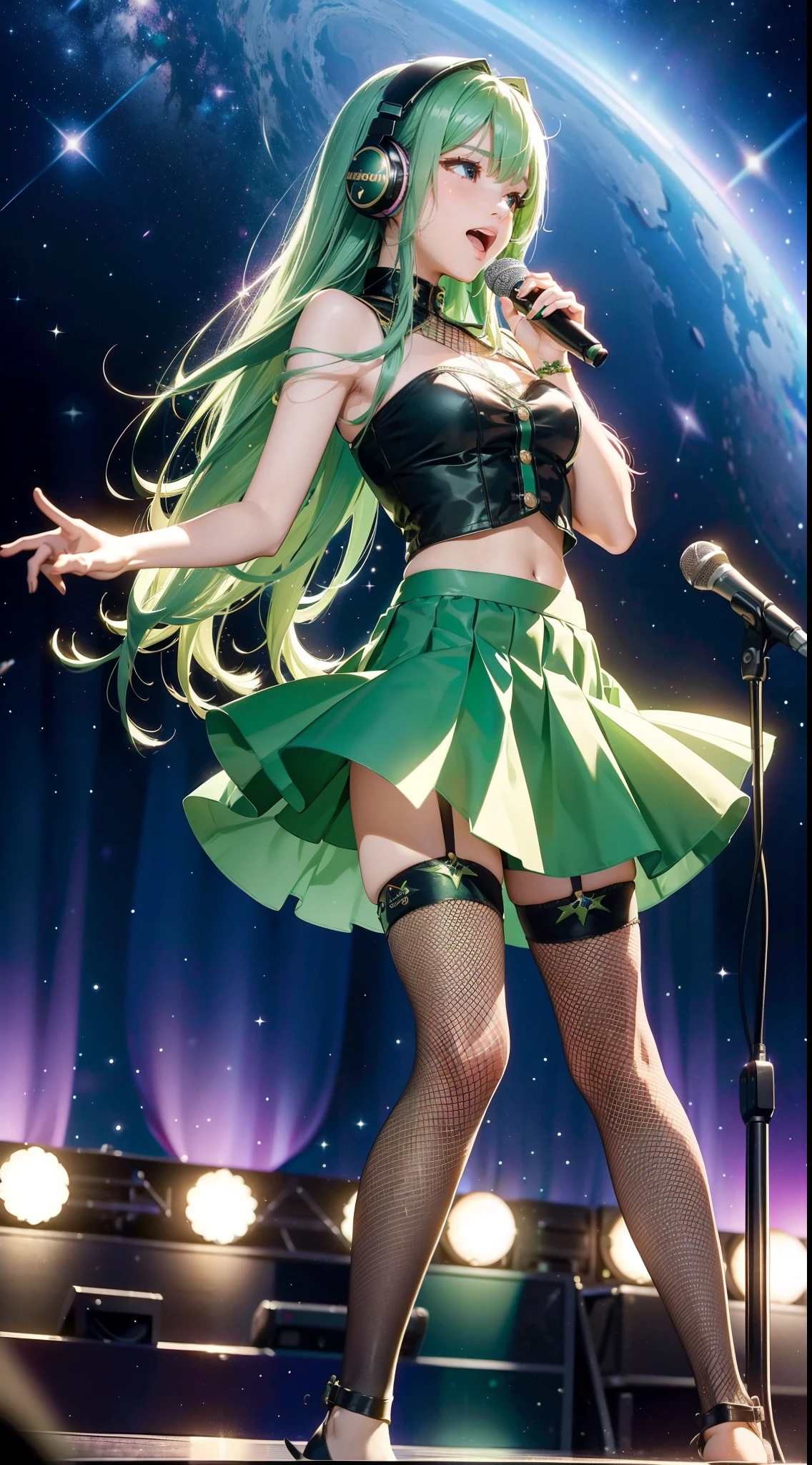 Idol singer with super cute beautiful girl with green hair short bare feet with twin vocals and guitar in green hair flared skirt on outer space background, Beautiful beautiful woman with long pink hair and tight skirt and black fishnet stockings2People to meet face to face々, wearing a headset, Sing and dance cheerfully、Galactic stars in outer space々and shooting stars、Glittering hair ornaments、Very smooth hair,detailed hairs,Very fine hairs,Young shiny hair、(Raw photography、top-quality:1.5)、(realisitic、Photorealsitic:1.5)、masutepiece