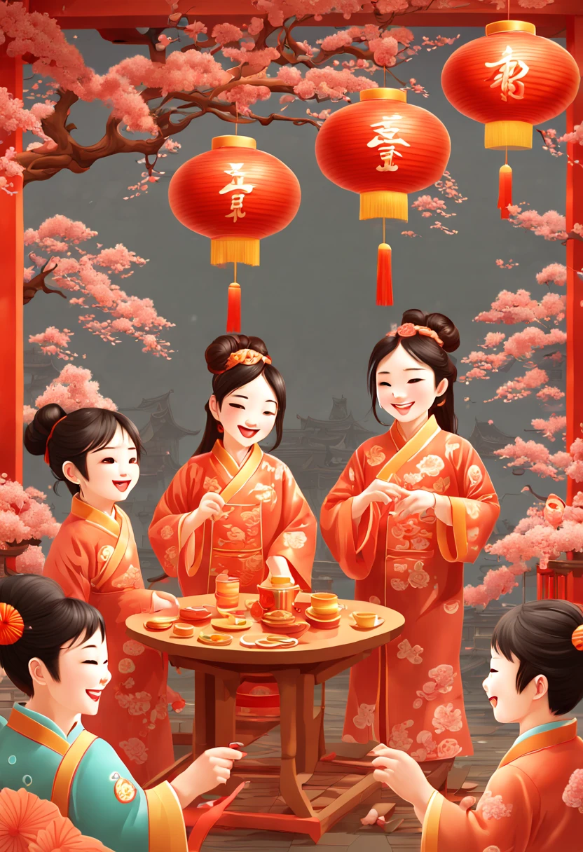 New Year's Day, chinese new year party, joyful and playful atmosphere, enhance, intricate, (best quality, masterpiece, Representative work, official art, Professional, unity 8k wallpaper:1.3)