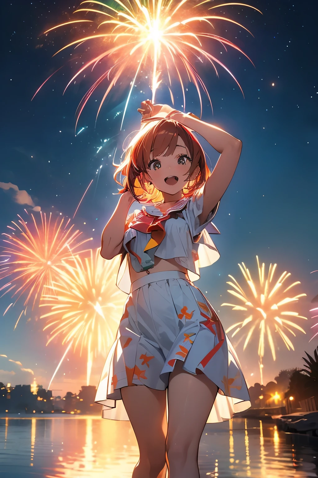 Prompt:Scene:0.9, (masutepiece), (((ultra-detailliert, The 8k quality))), High quality, vibrant fireworks, Red, Green, Blue, yellow, Orange-pink, neons