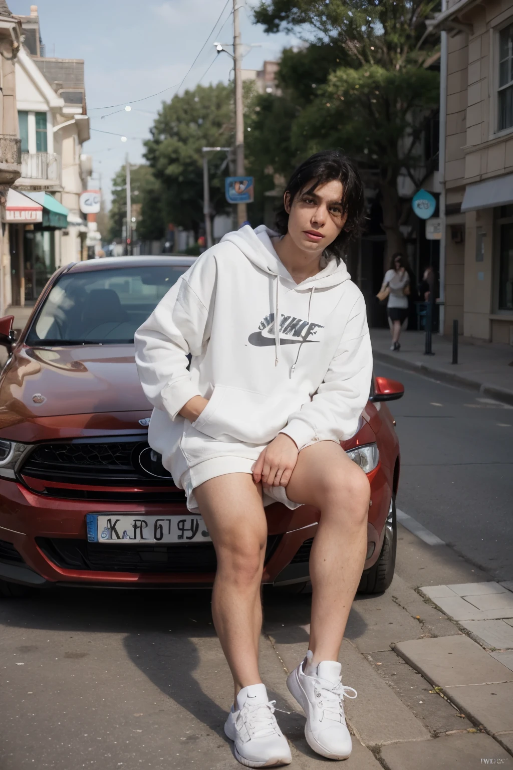 create a disney pixar movie poster with black hair boy wearing white hoodies and white nike shoes while leaning on candy white swift car with  ML 05 0001 on the number plate