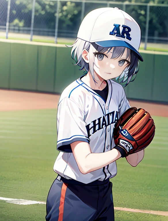 baseball field　14-year-old girl　pitcher　Short Hair Silver Hair　　cute face ball cap