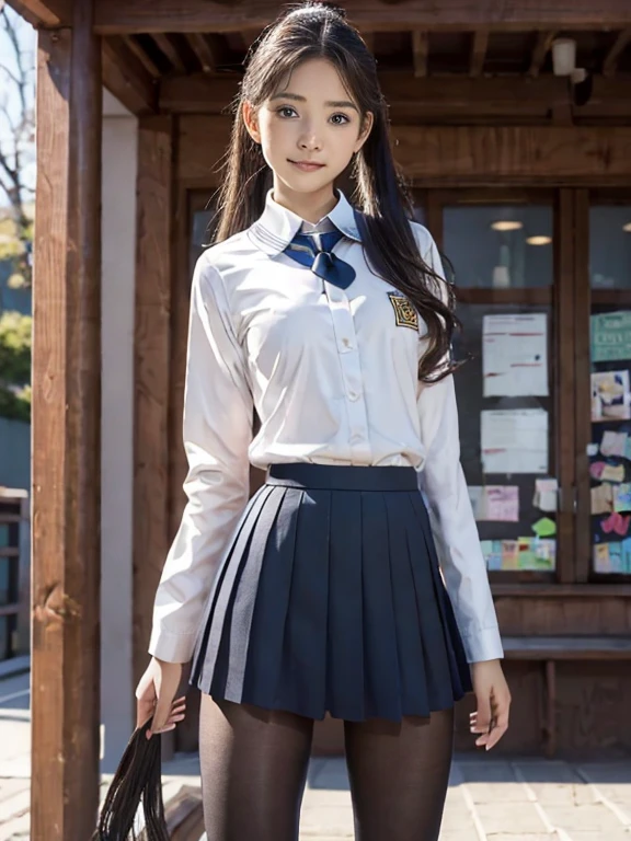 extremely detailed CG 32K Unity wallpaper, (raw photography, realistic:1.2), (professional photo, photorealistic:1.3), cinematic lighting, depth of filed, sharp focus, ultra high res, (perfect anatomy:1.5), realistic skin texture, intricately detailed face, ((from front view:1.4)), 1 girl, teen, 16 years old, solo, (cowboy shot:1.4), black hair, (ponytail:1.2), highly detailed skin, bright eyes, beautiful nose and lips, light smile, perfect body, beautiful body, ((school uniform, long sleeves:1.4)), slender, medium breast, ((black tights:1.2)), walking, outdoor, winter, Japanese town