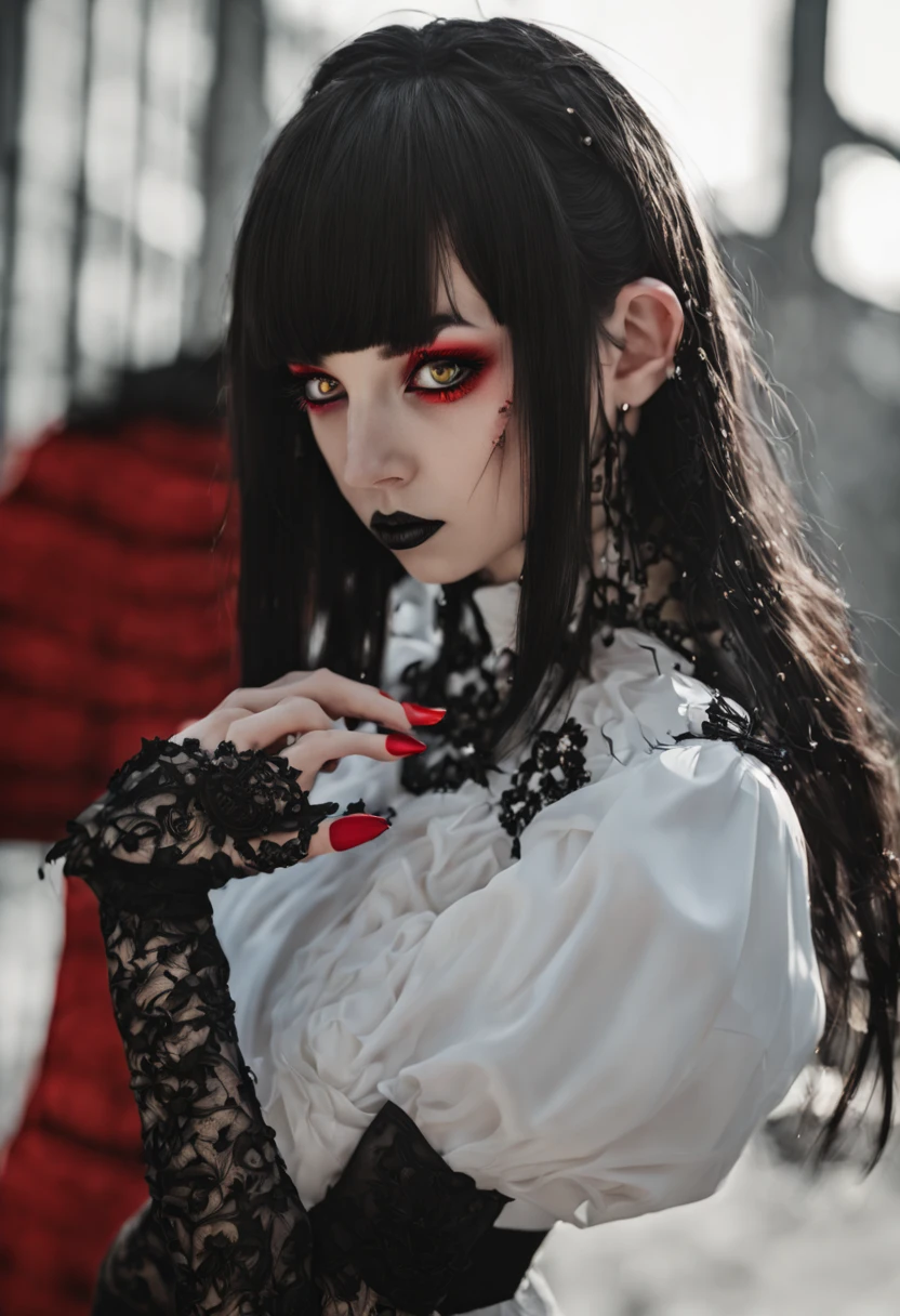 Rory Merkur, Rory Merkur, schwarzes Haar, stumpfer Pony, Hime-Schnitt, Haarschmuck, schwarzer Lippenstift, Haarlang, Angry face, Schminke, (kleine Brust:1.2), (Rote Augen:1.5), BRECHEN Gothic underwear, the perfect body (kleine Truhe:1.3) geil, BRECHEN in full growth, Rote Schuhe, BRECHEN Black Stockings, Black Gloves BRECHEN, schwarze Oberschenkel, Strumpfhalter, Handschuhe, gotik, Haarschleife, Gothic-Mode, puffy short sleeves, puffy sleeves, short sleeves, Oberschenkel, BRECHEN, Sternenhimmel, Night Town, BRECHEN looks at the viewer, BRECHEN (Meisterwerk:1.2), best quality, high resolution, Unity 8k Hintergrundbild, (Illustartion:0.8), (nice detailed eyes:1.6), Extrem detailliertes Gesicht, Perfekte Beleuchtung, extrem detailliertes CGI, real girl