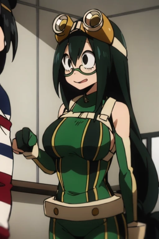 asui_tsuyu 1girl, solo, goggles, superhero, big breasts, hand on breast