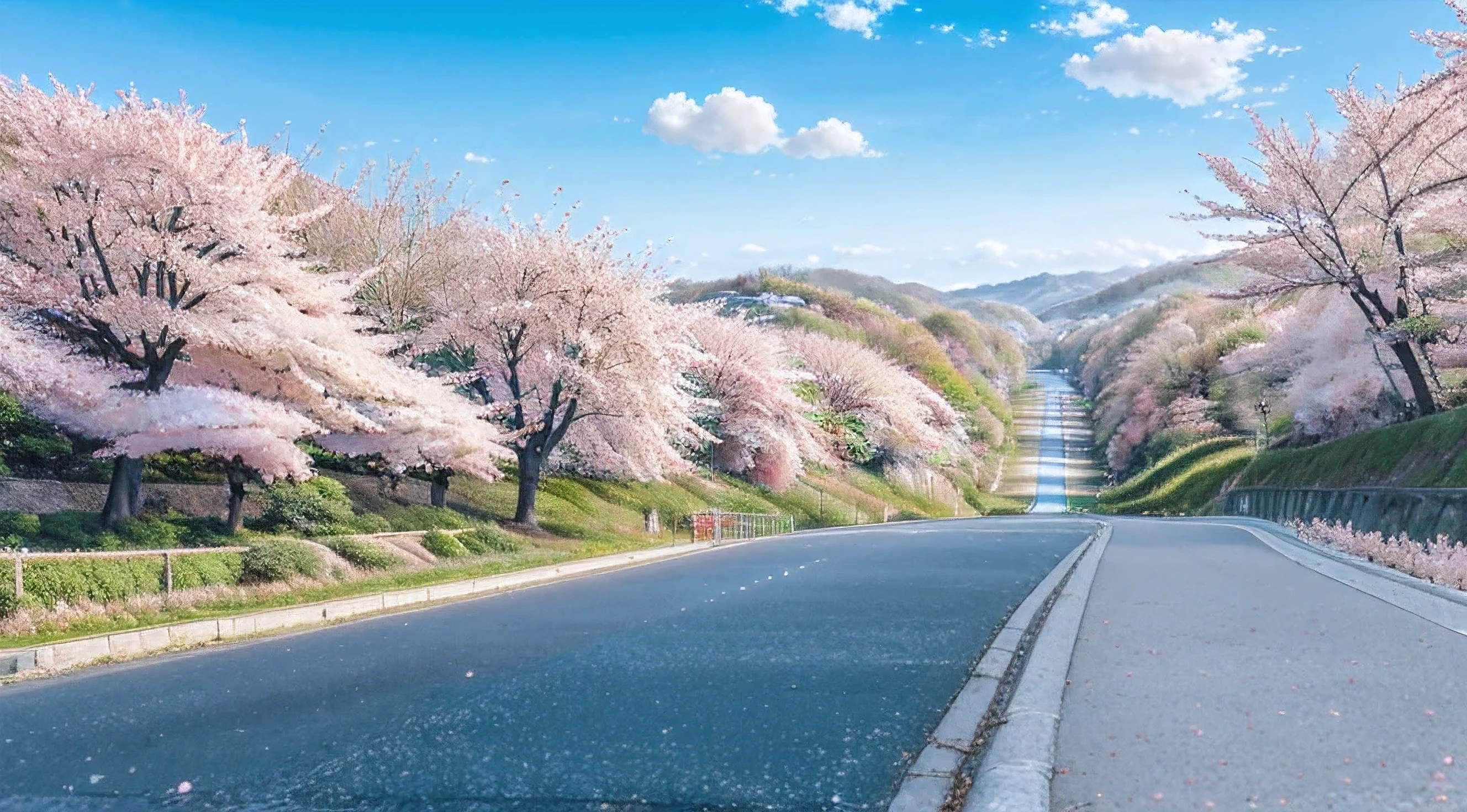 a long road with cherry blossom trees on the the whole side roads,cherry blossoms falling on the beatiful blue sky with clouds,high qualty , 8K, masterpiece