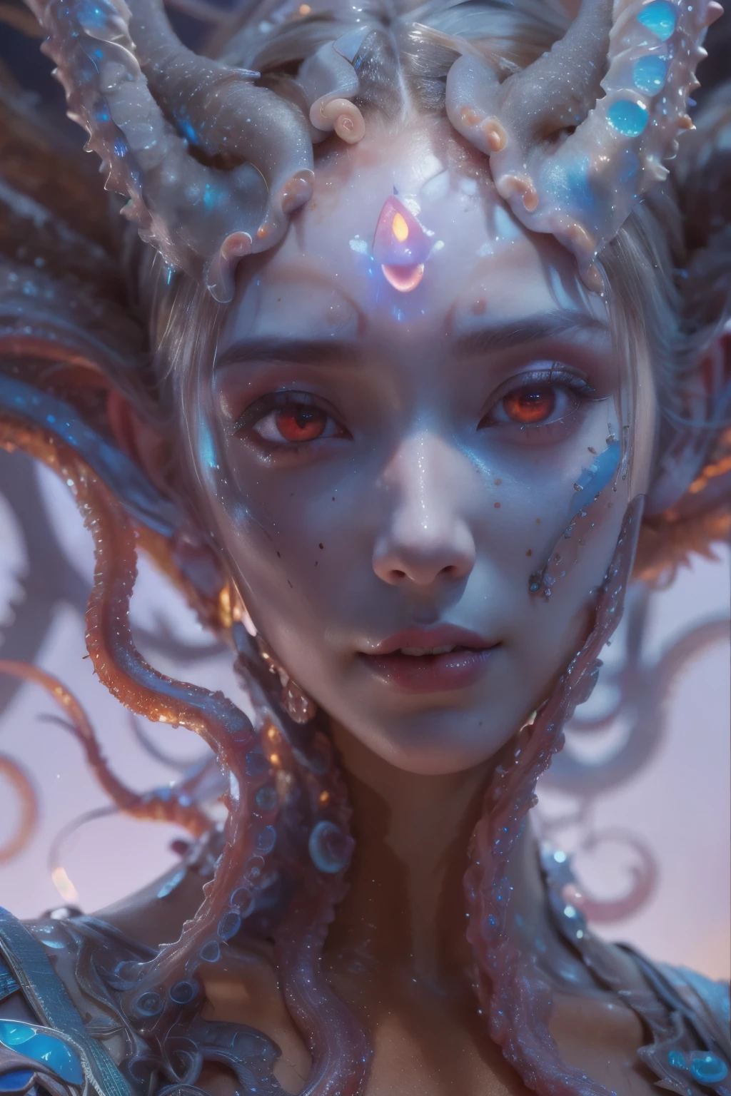 Portrait, (beautiful female alien:1.2), (she has red eyes with no pupils:1.8), (Translucent skin:1.7), (There is a female genital-like organ in the middle of the forehead.:1.9), (The most beautiful face in the history of the universe:1.2),an evil gaze that seduces, (large mouth:1.1), (sharp teeth like a vampire:1.2), Full body like, (bio luminescent:1.5), (Smile wickedly:1.3), (sexypose:1.5), alien, No humans, cells are fused, (Lots of translucent tentacles:1.3) extraterrestrial, cell, bio image, Best Quality, 8K,4K_quality, High Definition, Dramatic Lighting, masutepiece:1.5,cinematic quality, detail up, (Intricate details:1.2), High resolution, High Definition, drawing faithfully, (Thick eyebrows:1.2), Beautiful eyes with fine symmetry,(Highly detailed face and eyes:1.2), Intimate face, (Super detailed skin quality feeling:1.4), Perfect Anatomy, (Beautiful toned body:1.5), (Moist skin:1.2), No makeup, (dark circles:1.1), long canines, cinematic drawing of characters, ultra high quality model, cinematic quality, detail up, (Intricate details:1.2), High resolution, High Definition, drawing faithfully, Official art, Unity 8K wall , 8K Portrait, Best Quality, Very High resolution, ultra detailed artistic photography, midnight aura, unreal enginee 5, Ultra Sharp Focus, art by alberto seveso, ArtGerm, Roisch, intricate artwork, best quality, masutepiece, ultra High resolution, (photos realistic:1.4), Ultra-realistic realism, dream-like, nautilus, Creation of fantasy, Snail, Dream Snail, biopunk nautilus, Thrilling color schemes, Ultra-realistic realism, seductively smiling, Blue tentacles,