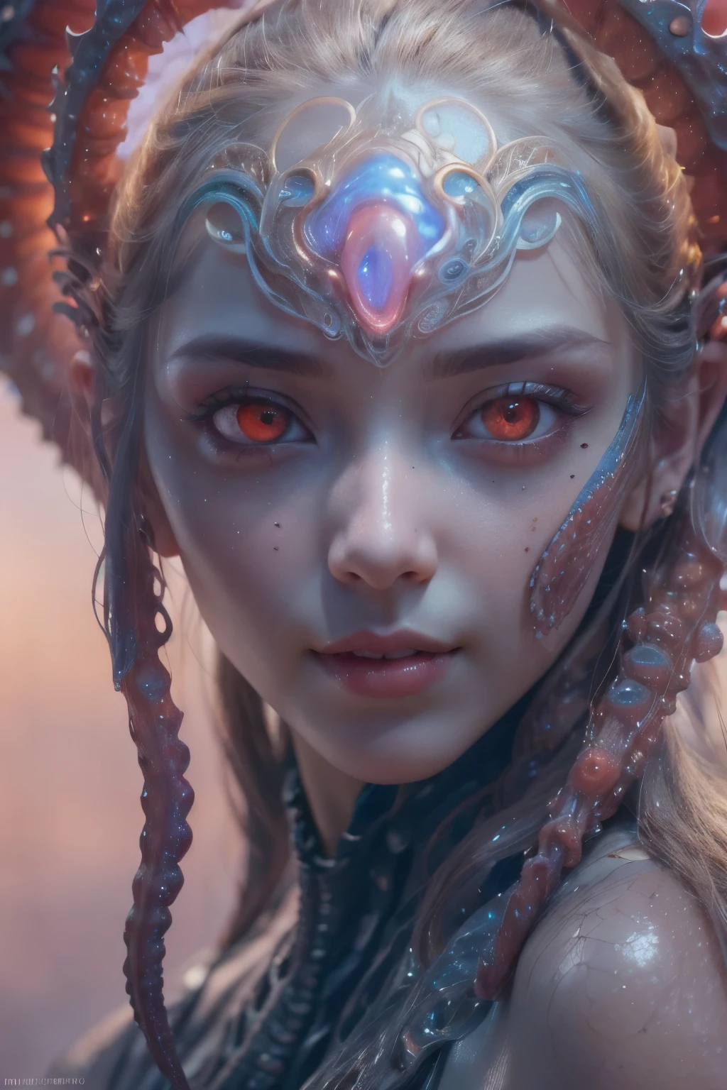 Portrait, (beautiful female alien:1.2),  (she has red eyes with no pupils:1.8), (Translucent skin:1.7),  (There is a female genital-like organ in the middle of the forehead.:1.9), (The most beautiful face in the history of the universe:1.2),an evil gaze that seduces, (large mouth:1.1), (sharp teeth like a vampire:1.2), Full body like, (bio luminescent:1.5), (Smile wickedly:1.3),  (ypose:1.5), alien, No humans, cells are fused, (Lots of translucent tentacles:1.3) extraterrestrial, cell, bio image, Best Quality, 8K,4K_quality, High Definition, Dramatic Lighting, masutepiece:1.5,cinematic quality, detail up, (Intricate details:1.2), High resolution, High Definition, drawing faithfully, (Thick eyebrows:1.2), Beautiful eyes with fine symmetry,(Highly detailed face and eyes:1.2), Intimate face, (Super detailed skin quality feeling:1.4), Perfect Anatomy,  (Beautiful toned body:1.5),  (Moist skin:1.2), No makeup, (dark circles:1.1), long canines, cinematic drawing of characters, ultra high quality model, cinematic quality, detail up, (Intricate details:1.2), High resolution, High Definition, drawing faithfully, Official art, Unity 8K wall  , 8K Portrait, Best Quality, Very High resolution, ultra detailed artistic photography, midnight aura,  unreal enginee 5, Ultra Sharp Focus, art by alberto seveso, ArtGerm, Roisch, intricate artwork, best quality, masutepiece, ultra High resolution, (photos realistic:1.4), Ultra-realistic realism, dream-like,  nautilus, Creation of fantasy, Snail, Dream Snail,  biopunk nautilus, Thrilling color schemes， Ultra-realistic realism， seductively smiling, Blue tentacles,