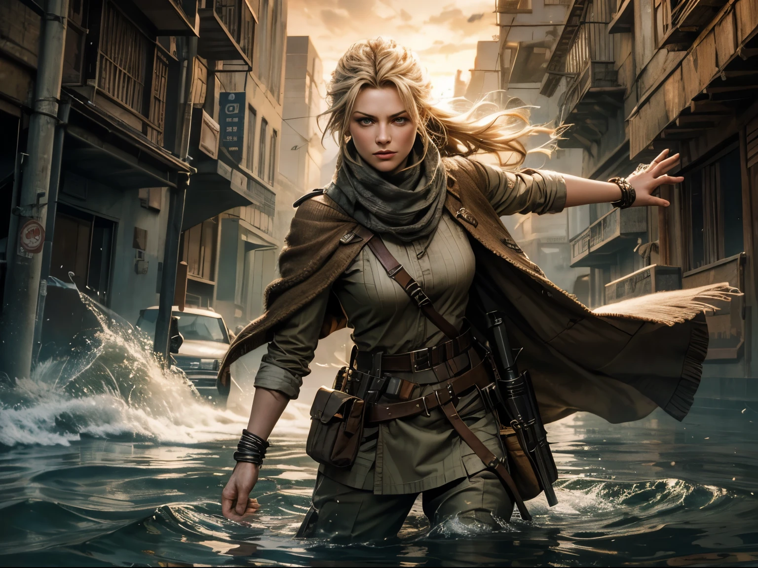 Photorealistic, book cover mockup, dramatic lighting, close-up of Sorcha Groundsell on right hand side, scruffy khaki poncho, keffiyeh, khaki trousers, equipment belt with gun holster and knife sheath, pale blue eyes, braided blonde hair, fierce expression, overgrown flooded town with bulrushes, at sunrise