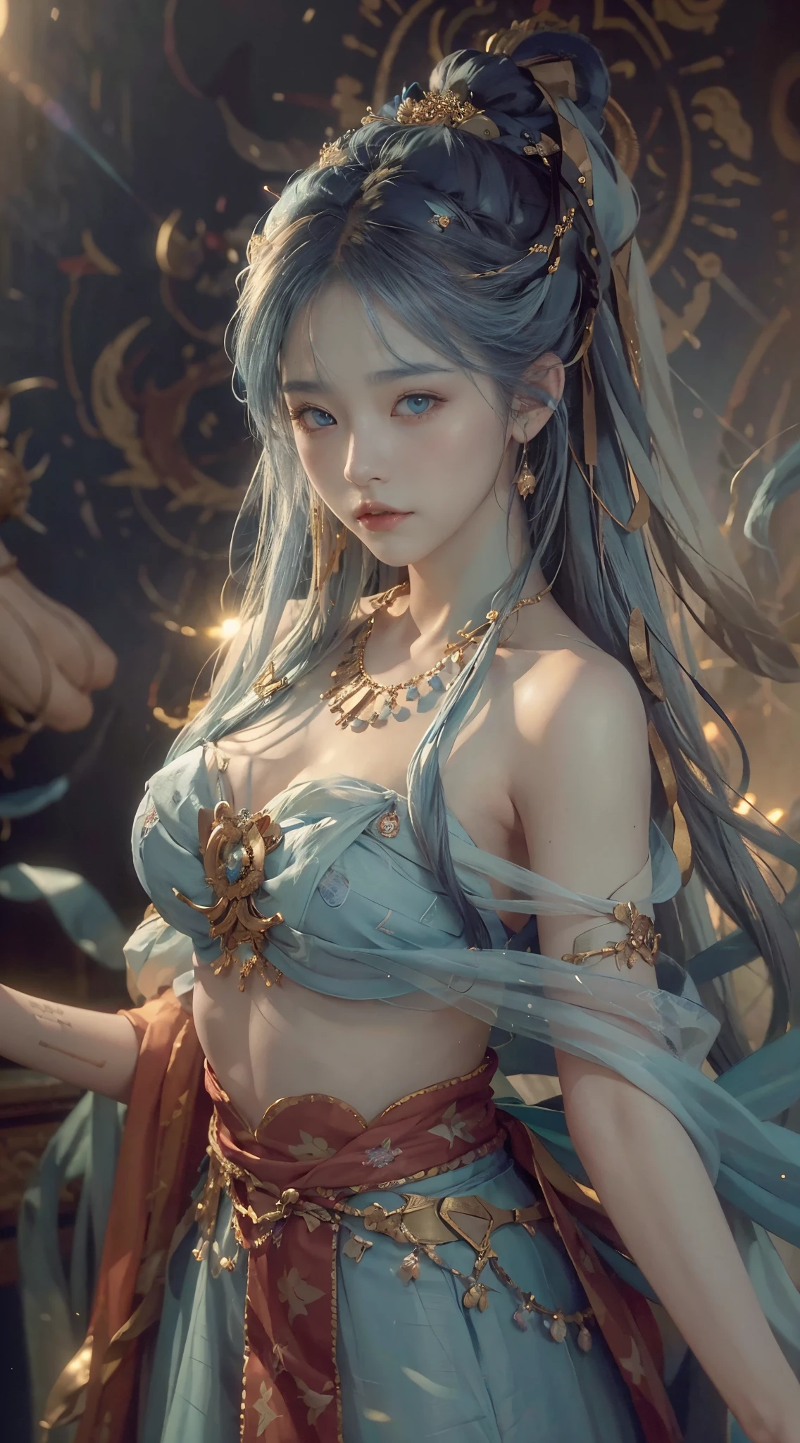 (RAW Photography、top-quality)、(realisitic、Photorealsitic:1.3)、top-quality、ighly detailed、masterpiece、ultra-detailliert、illustratio、1girl、upper_body、dynamic ungle、world masterpiece theater、messy_long_hair、top-quality、ighly detailedなCGユニティ8k壁紙、inky、magnifica、lighting like a movie、lens_flare、、dunhuang_style、(lightblue hair:1.2)