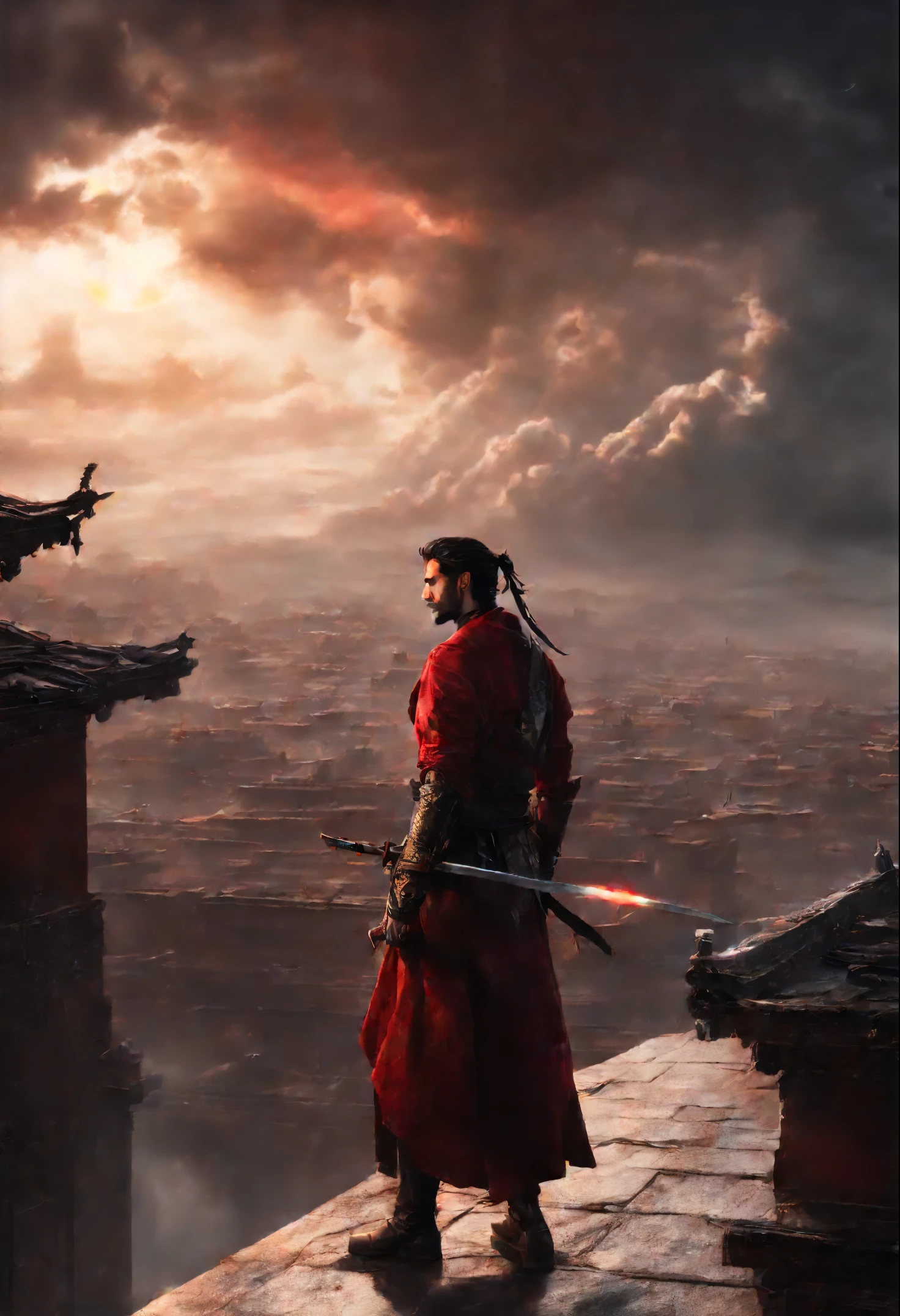 in the roofs of persian city, a man, sci-fi, samurai, matte painting, cleavage, red glowing eye with a normal eye, He holds his sword in his right hand and looks at the sky. A cloudy sky and lightning bolts striking the ground, creating pieces of glass in it.