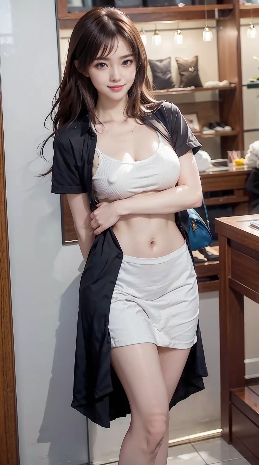 26-year-old woman、Hair color is reddish、Hair is wavy、Eye color is blue、Longhaire、A slender、a smile、She is wearing a T-shirt that shows her underboob.、My abs are cracked、A slenderだが均整の取れた細マッチョ、I'm wearing pin heels、standing in front of a boutique show window、a smile、Head-on perspective、accessories on the wrist