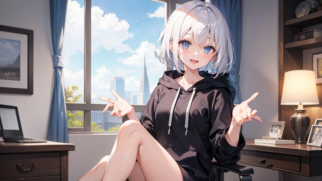 (masutepiece: 1.2, Best Quality), 1 Lady, Solo, silber hair,Shoulder out,Very short hair, long bangs between eyes, blue eyess,Black eyes, Hoodie,White hair, Silver hair, Hoodie, White hoodie、inside in room、sit a chair、A smile、open open mouth、5 fingers