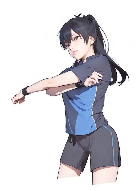 Isagi Yoichi, girl, long ponytail, dark blue hair, dark blue eyes, wearing a short-sleeved sports shirt and shorts, realistic, garden background