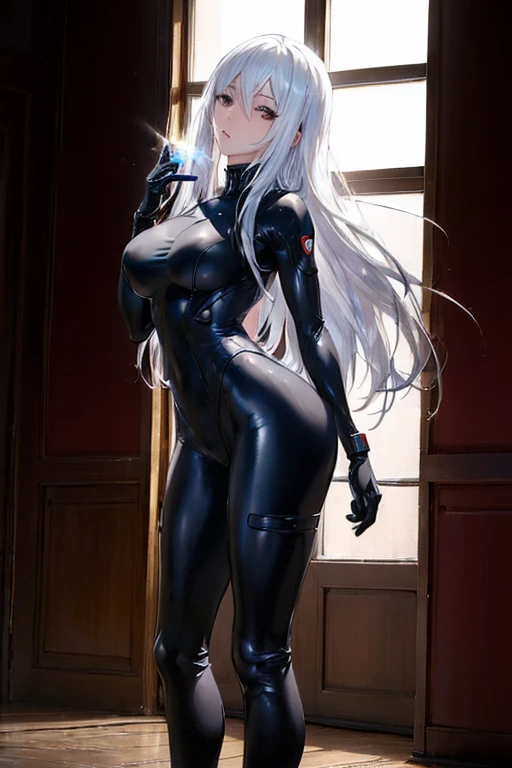 (Photorealsitic: 1.8)、It is a raw photo, High resolution, 1womanl, Solo, hips up high, look at viewr, (Detailed face), White hair, Long hair, Gantz, reika\(body suit\), Black and white suit