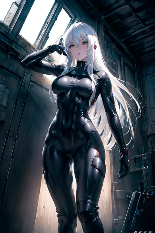 (Photorealsitic: 1.8)、It is a raw photo, High resolution, 1womanl, Solo, hips up high, look at viewr, (Detailed face), White hair, Long hair, Gantz, reika\(body suit\), Black and white suit